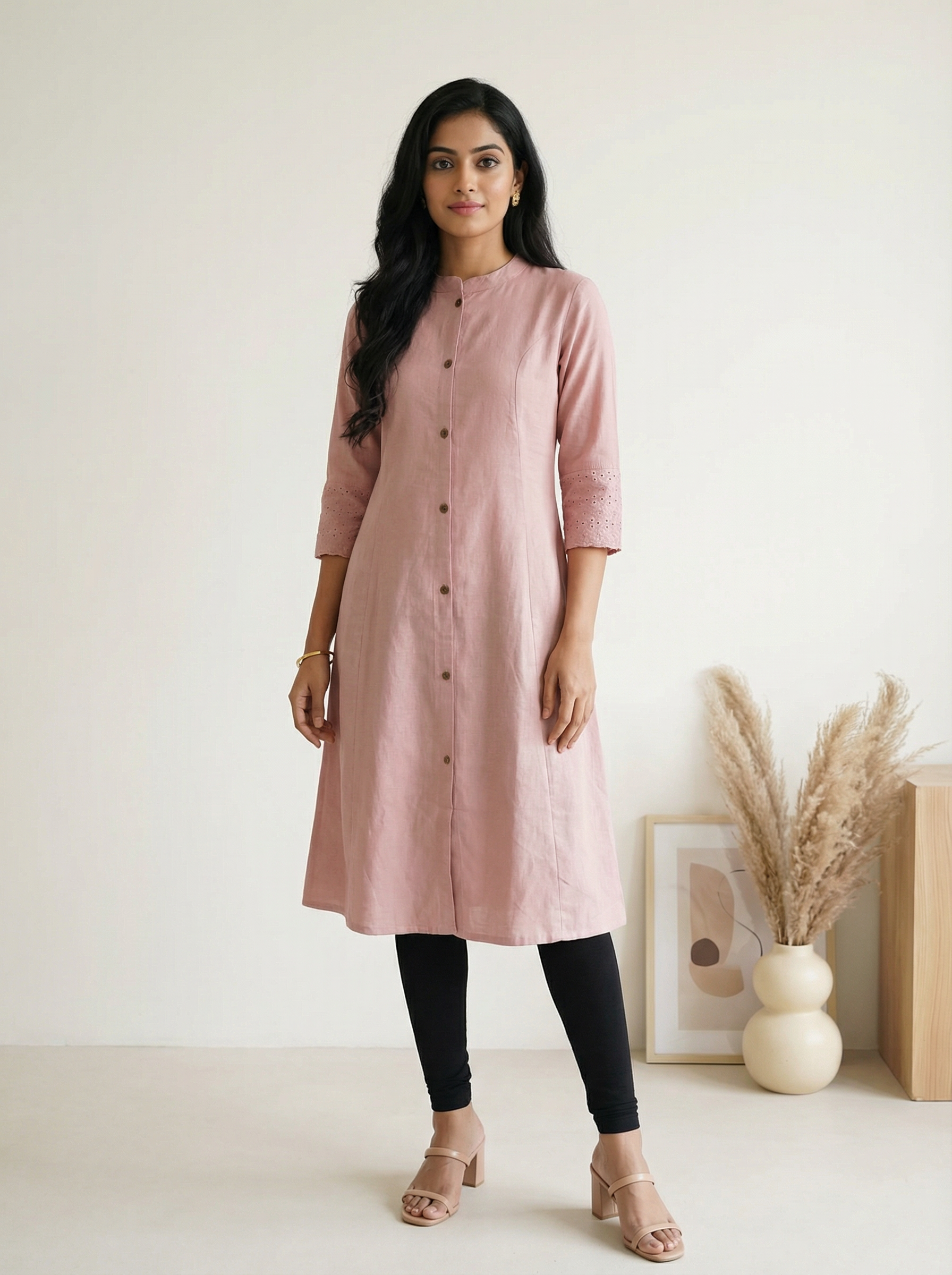 Pink Flex Cotton A-Line Kurti with Mandarin Collar