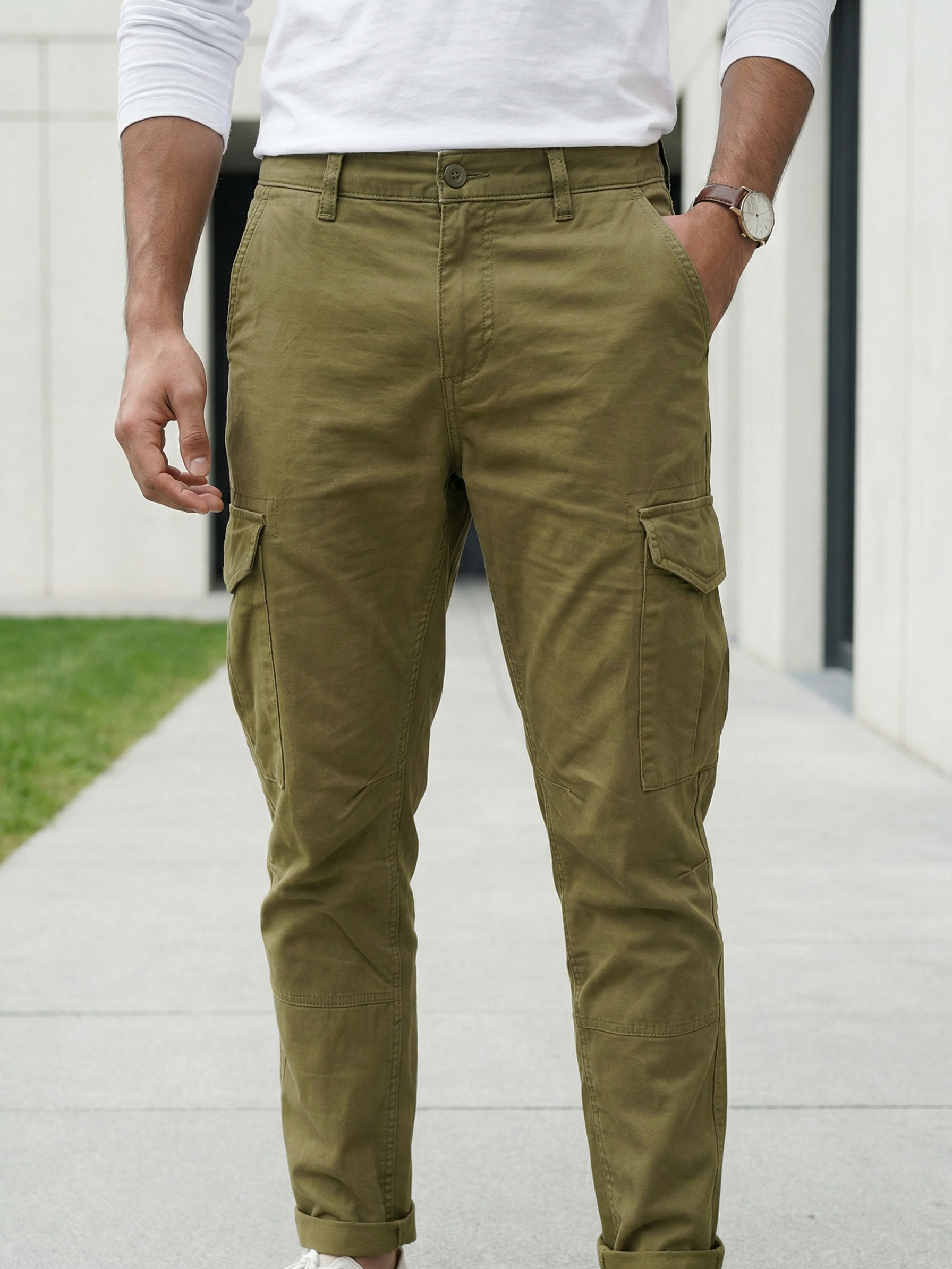 Men’s Olive Green Linen Plain Cargo