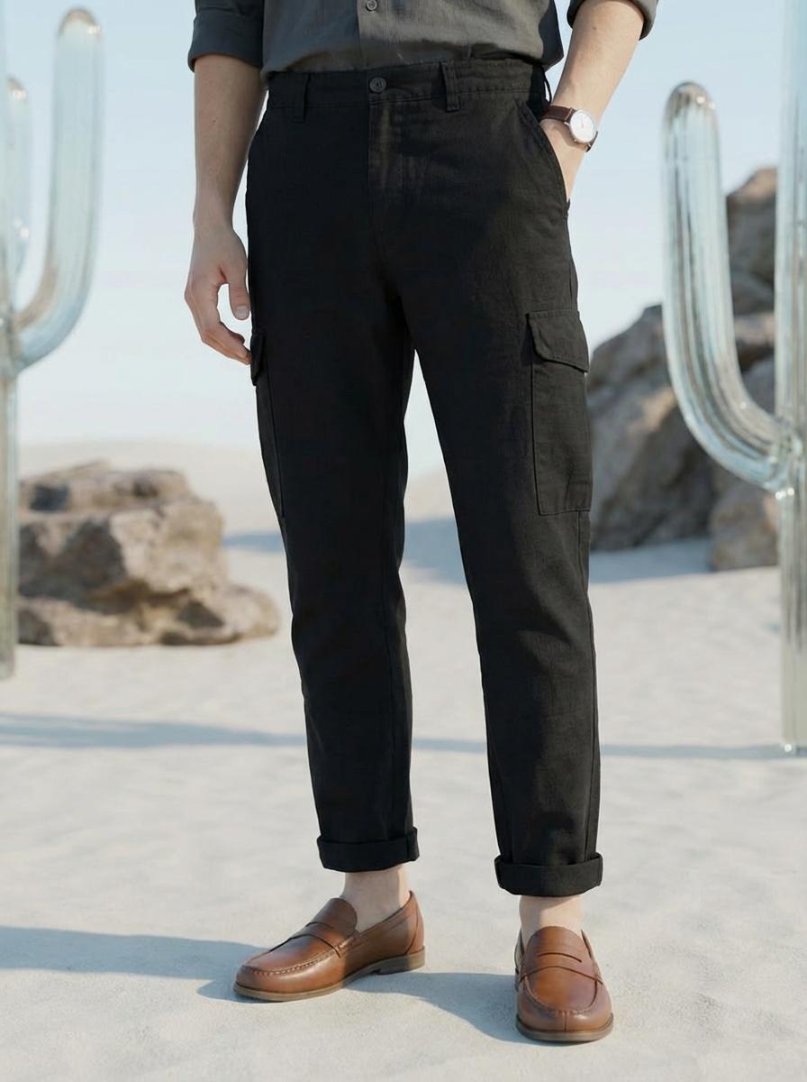 Men’s Black Linen Plain Cargo