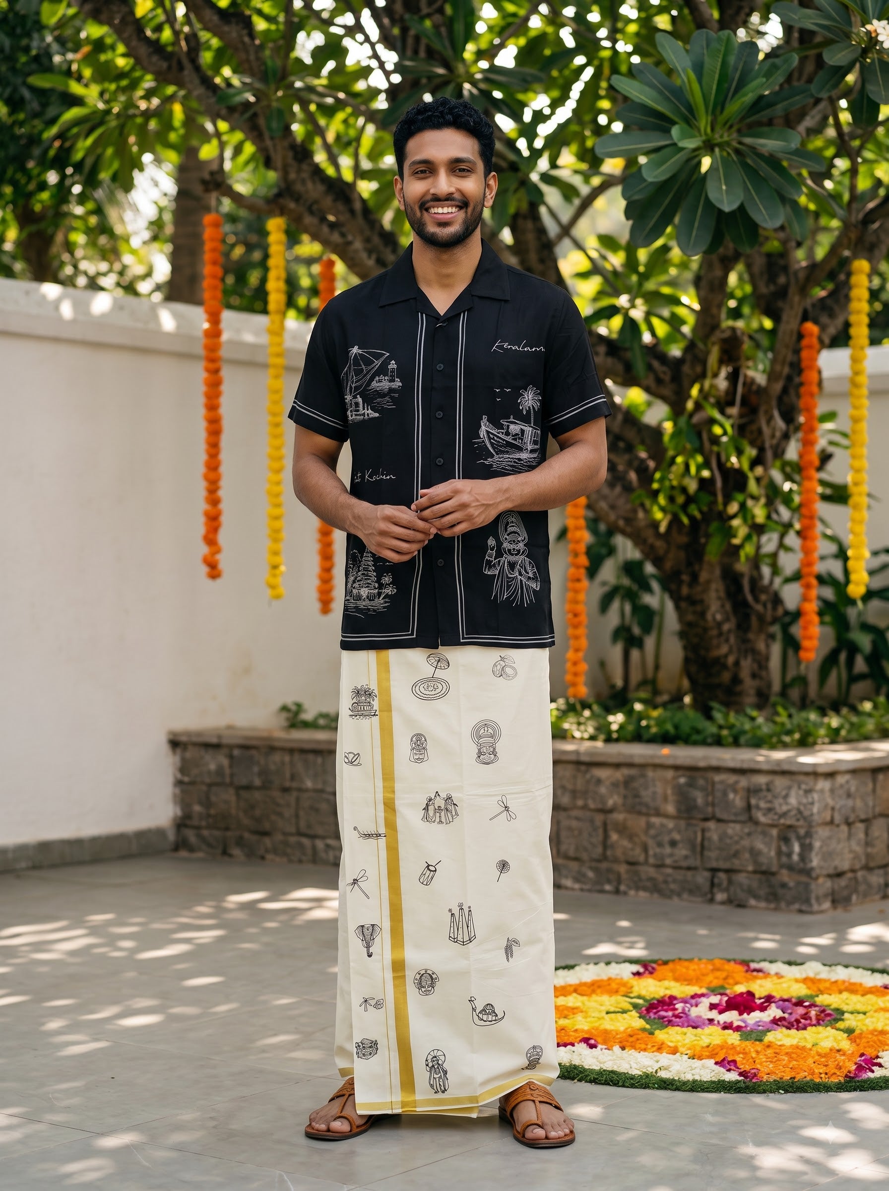 Men's Kerala Cotton Mundu Cream Gold Border Onam Festival Print Traditional Dhoti