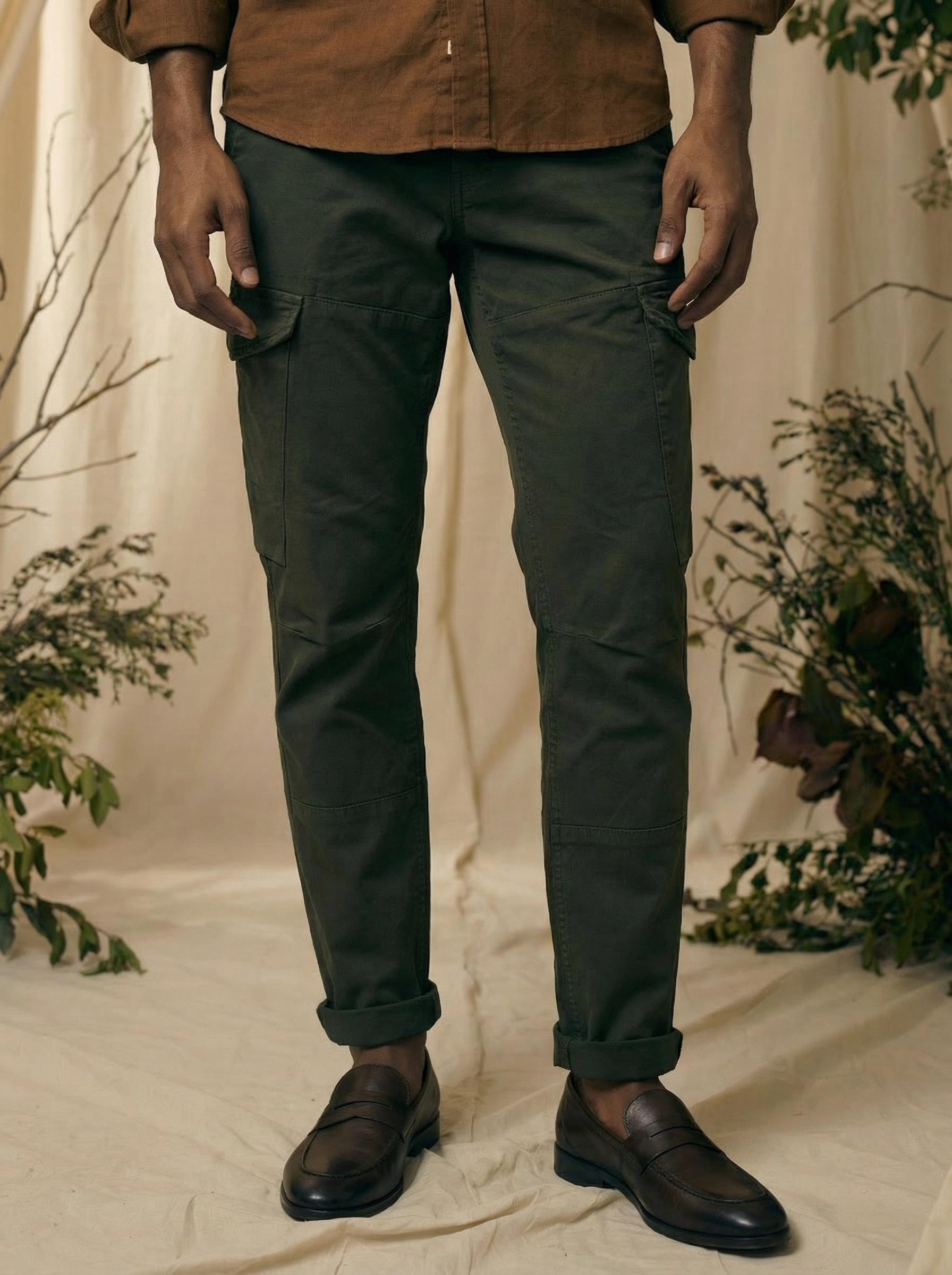 Men’s Dark Green Linen Plain Cargo