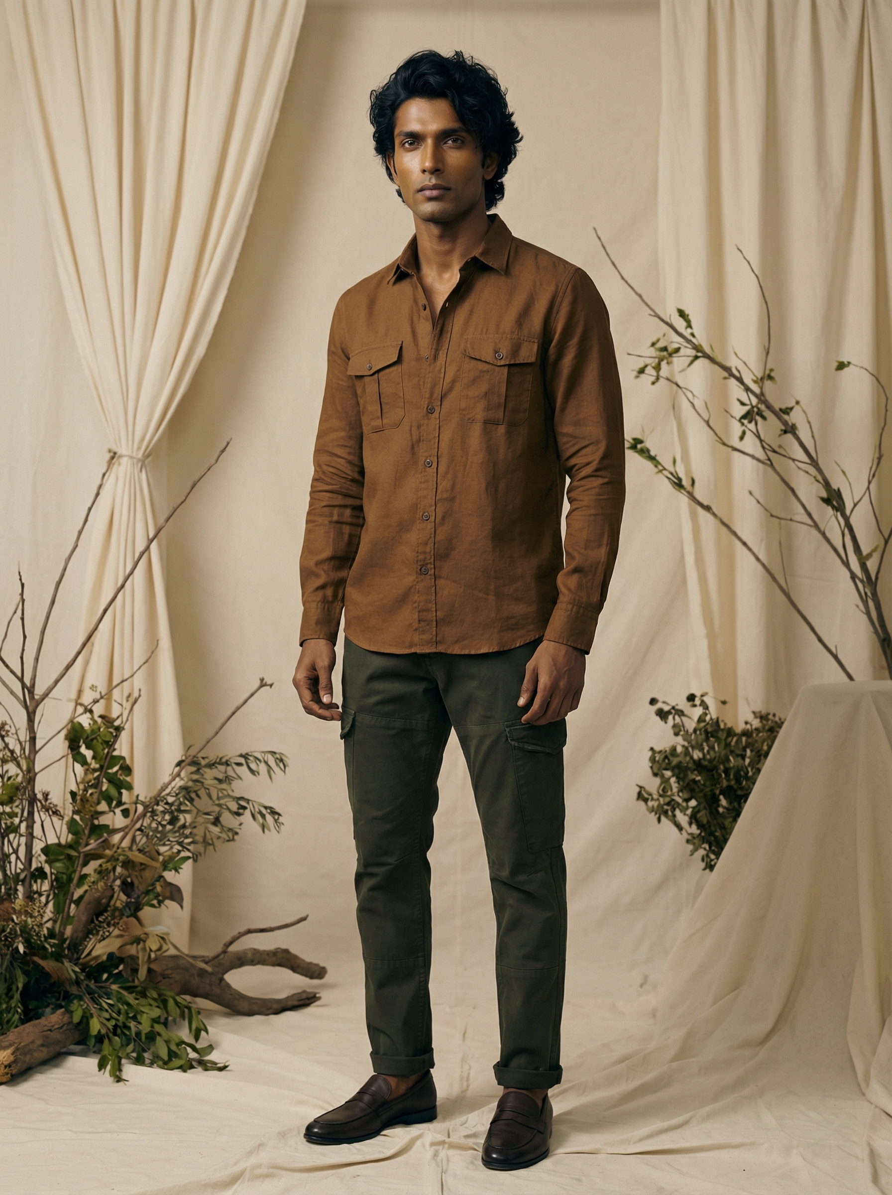 Men’s Dark Green Linen Plain Cargo