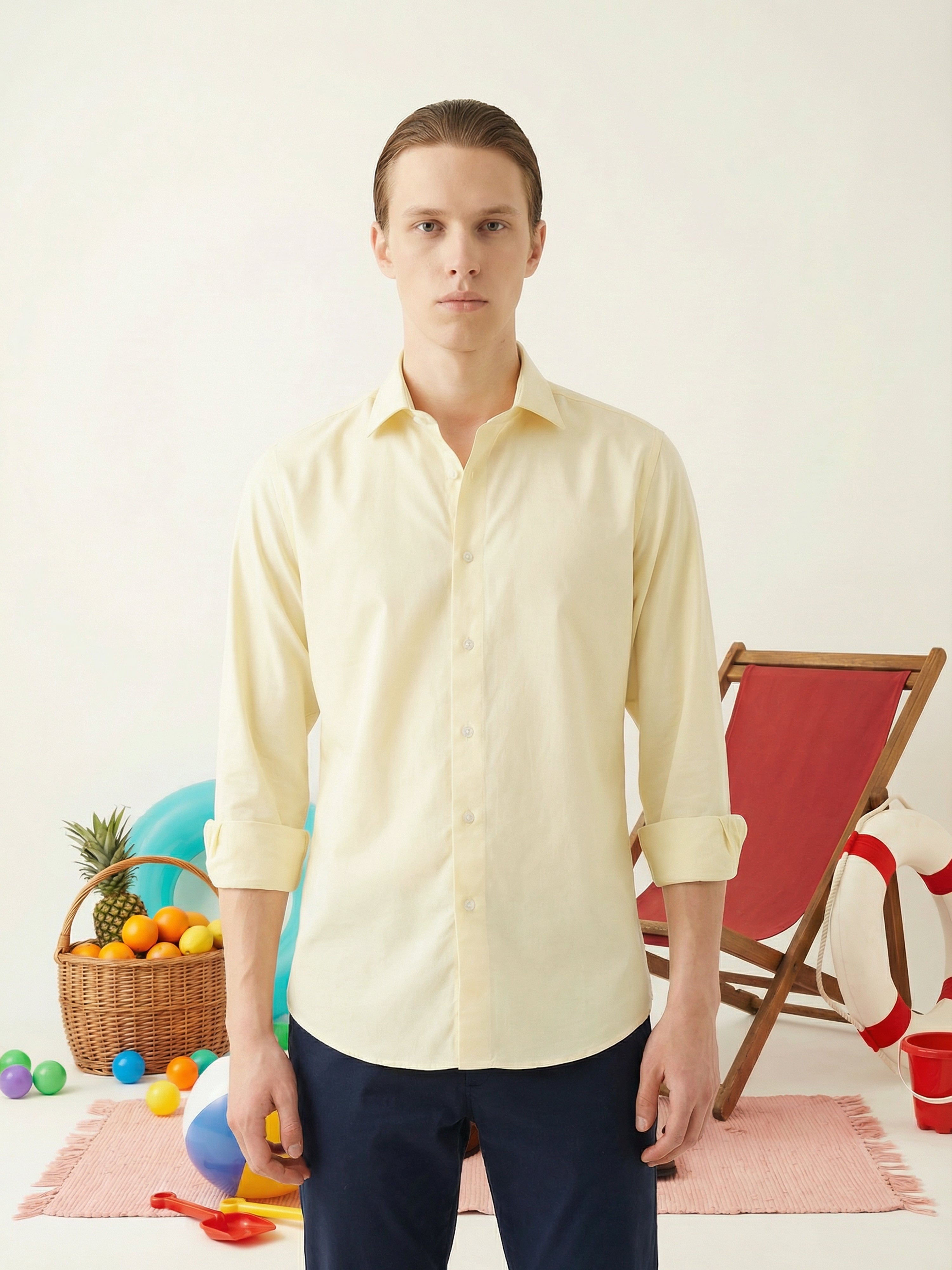 Yellow Semi Cotton Cut Away Collar Full Sleeves Mens Shirt