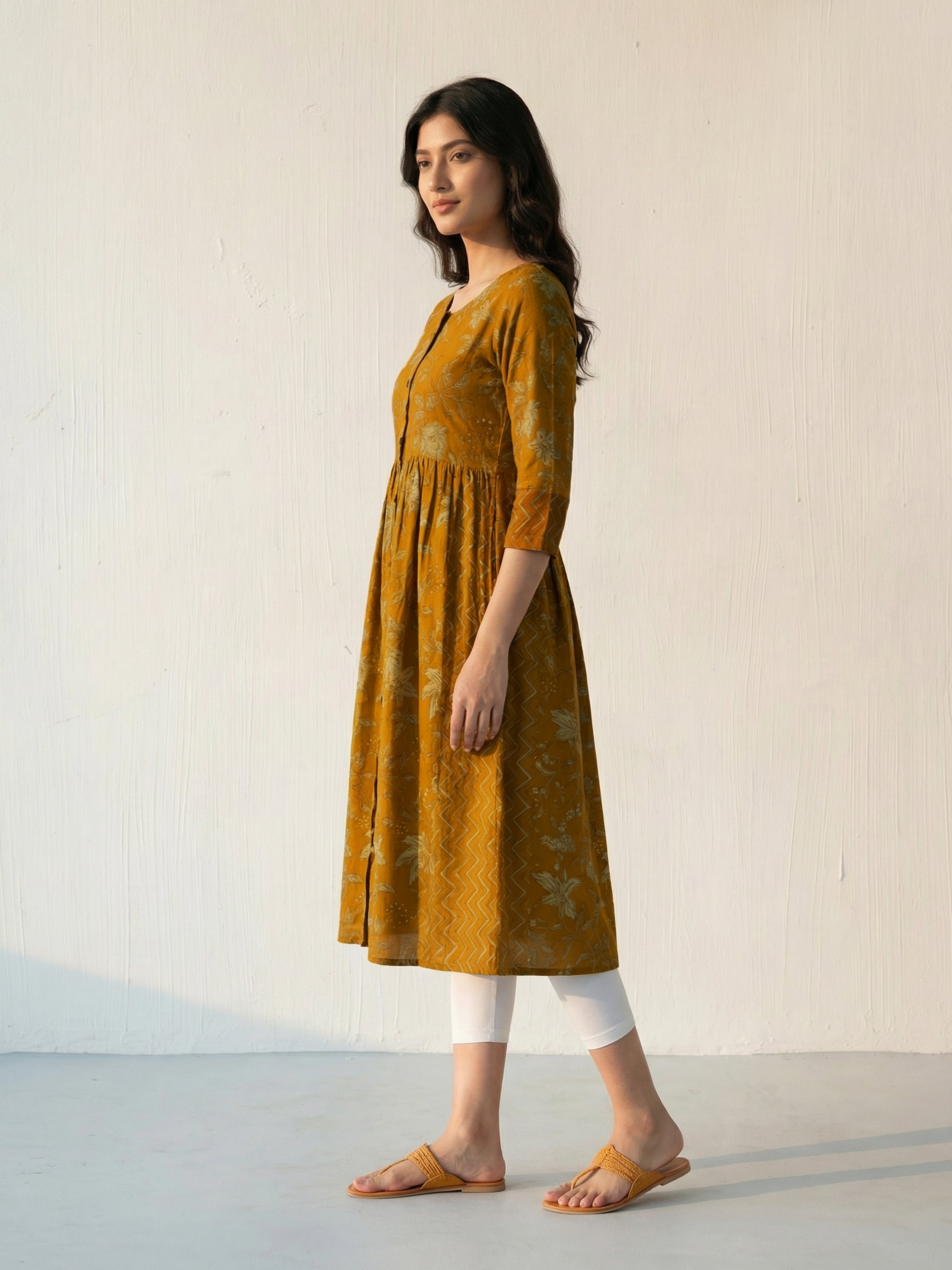 Mustard Cotton Round Neck Kurti