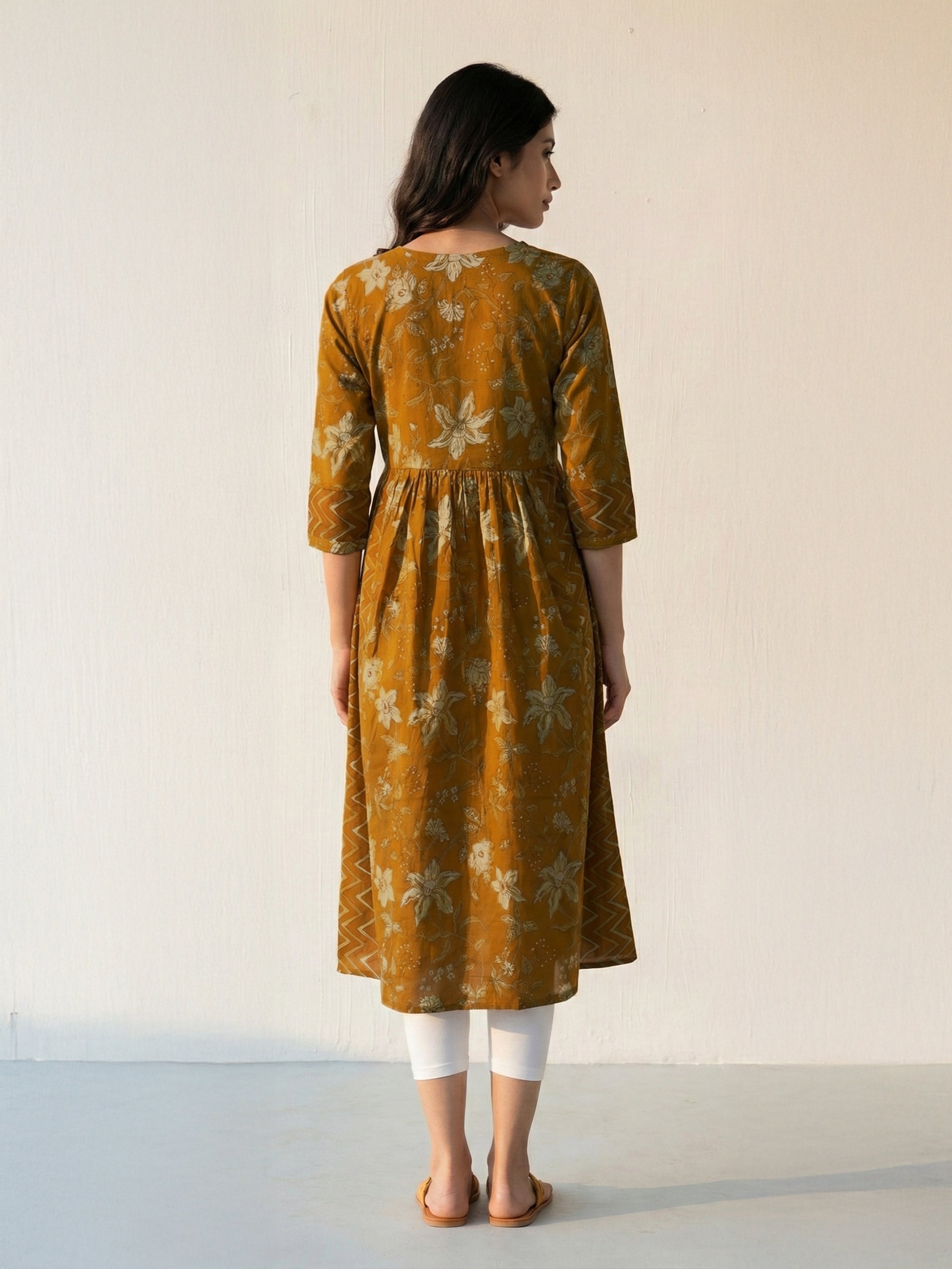 Mustard Cotton Round Neck Kurti