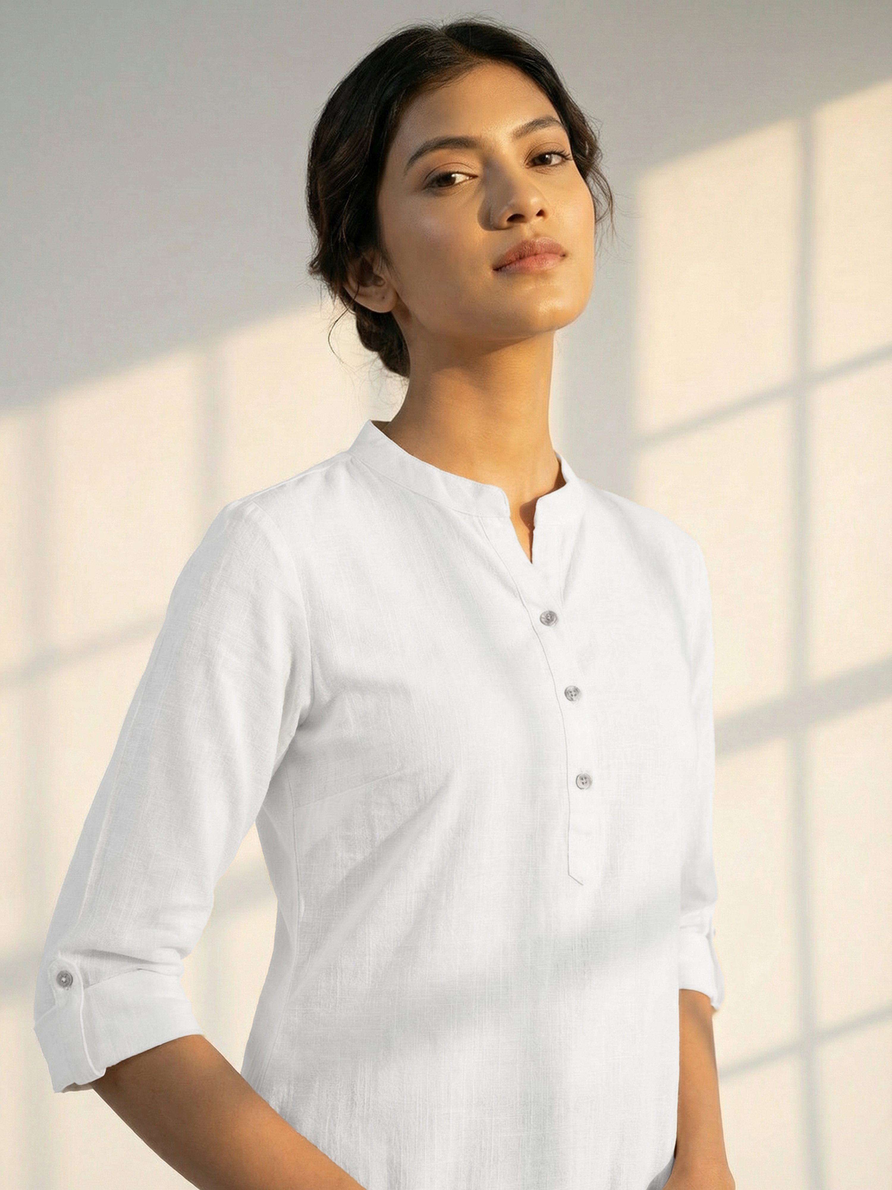 White Cotton Katha Collar Neck 3/4Th Sleeve Kurti For Female