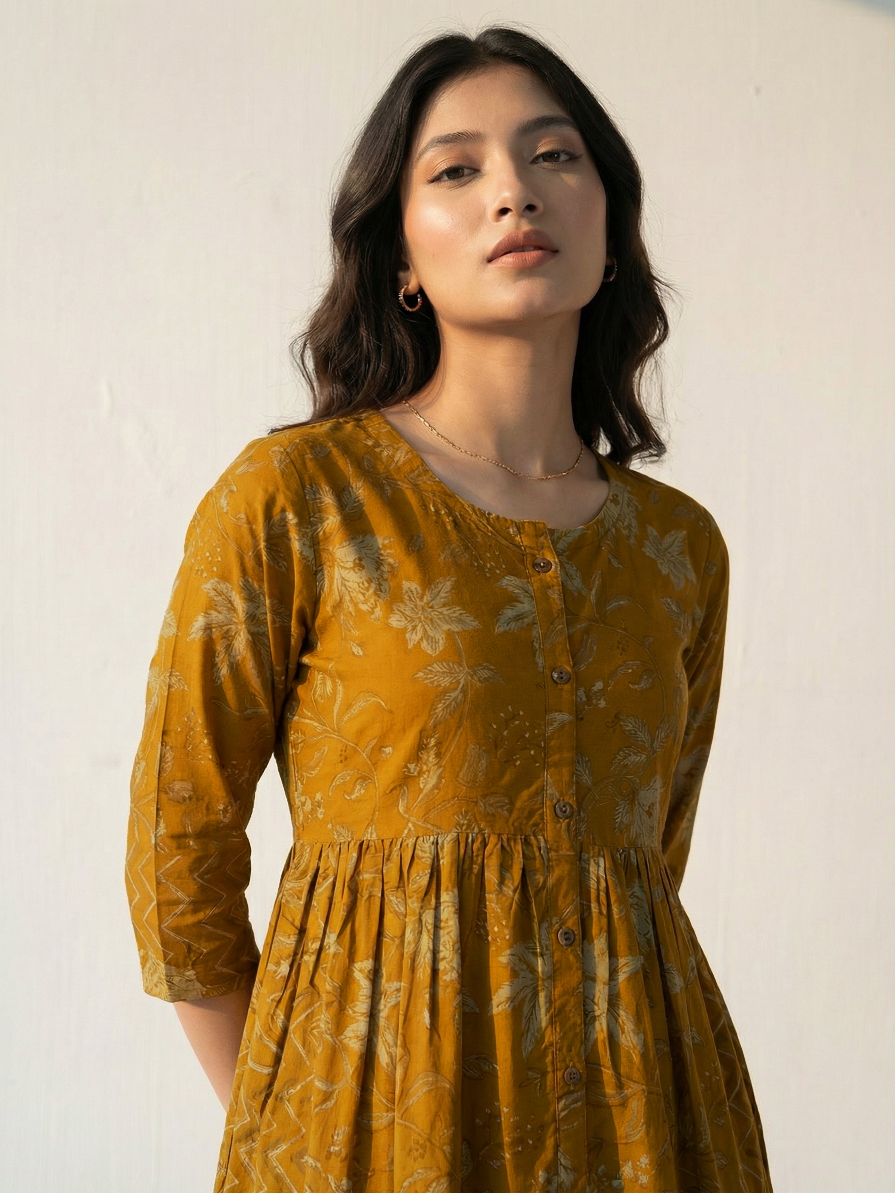Mustard Cotton Round Neck Kurti