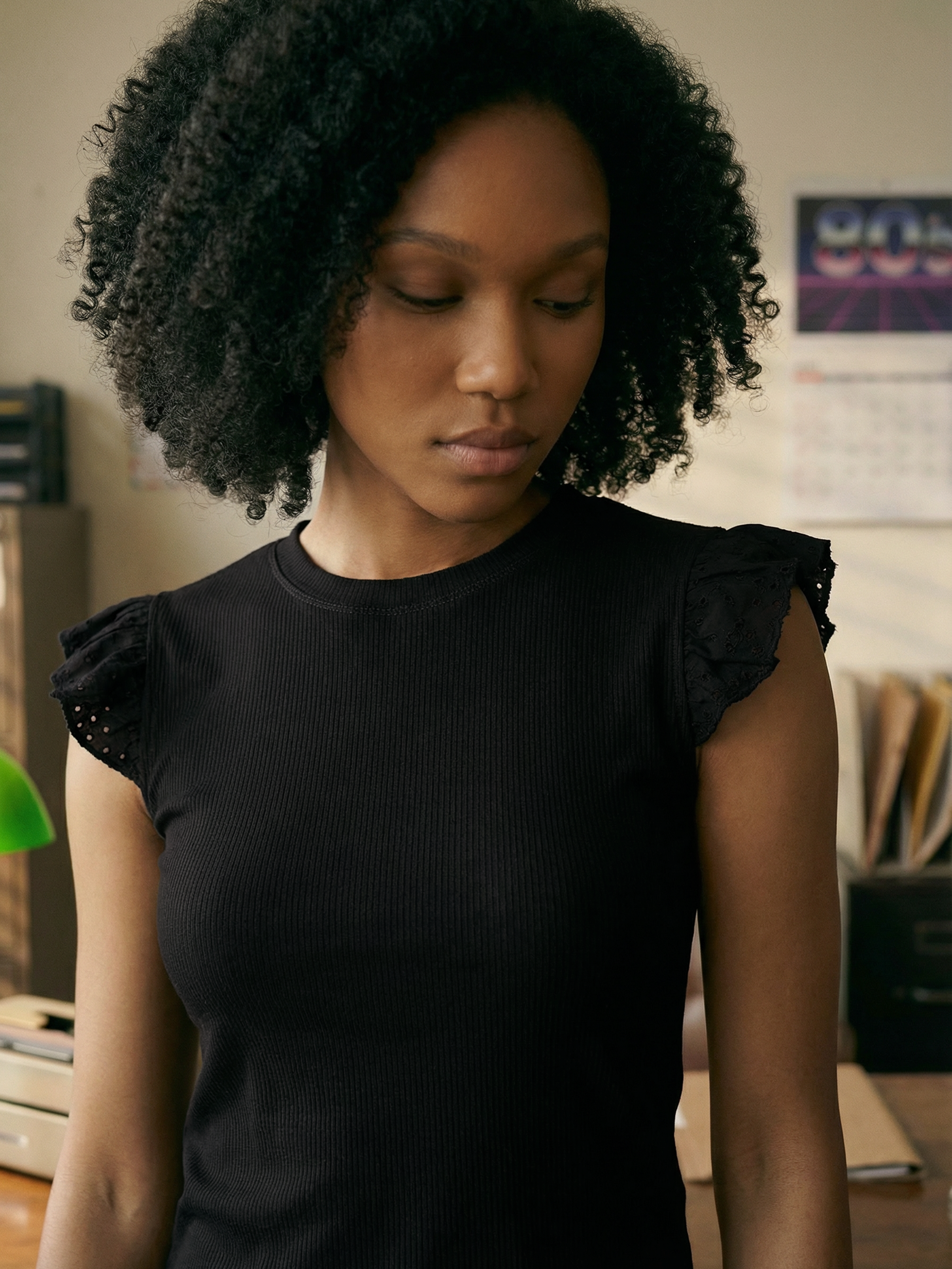 Women's Black Ribbed Cotton Schiffli Top with Round Neck