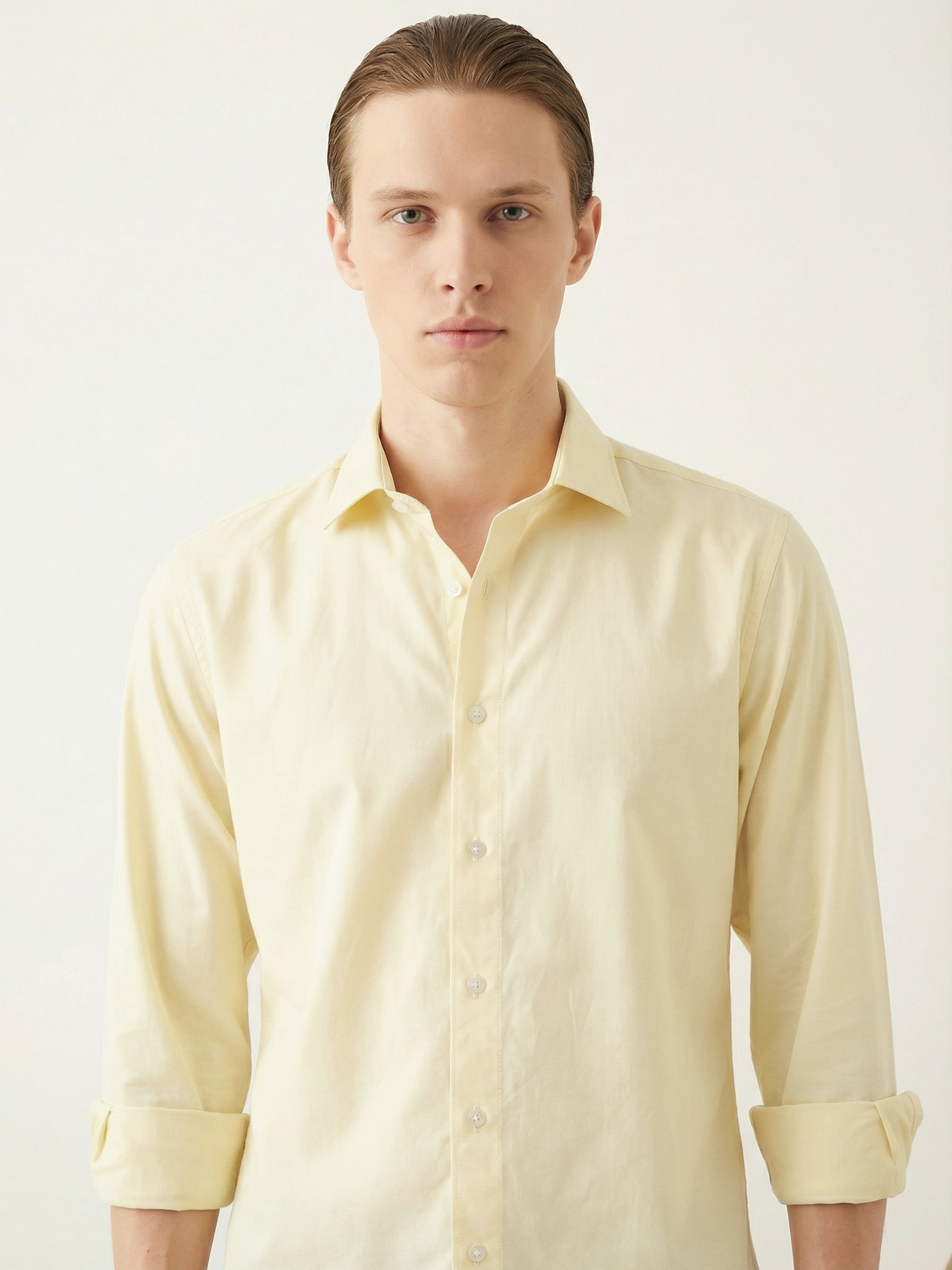 Yellow Semi Cotton Cut Away Collar Full Sleeves Mens Shirt