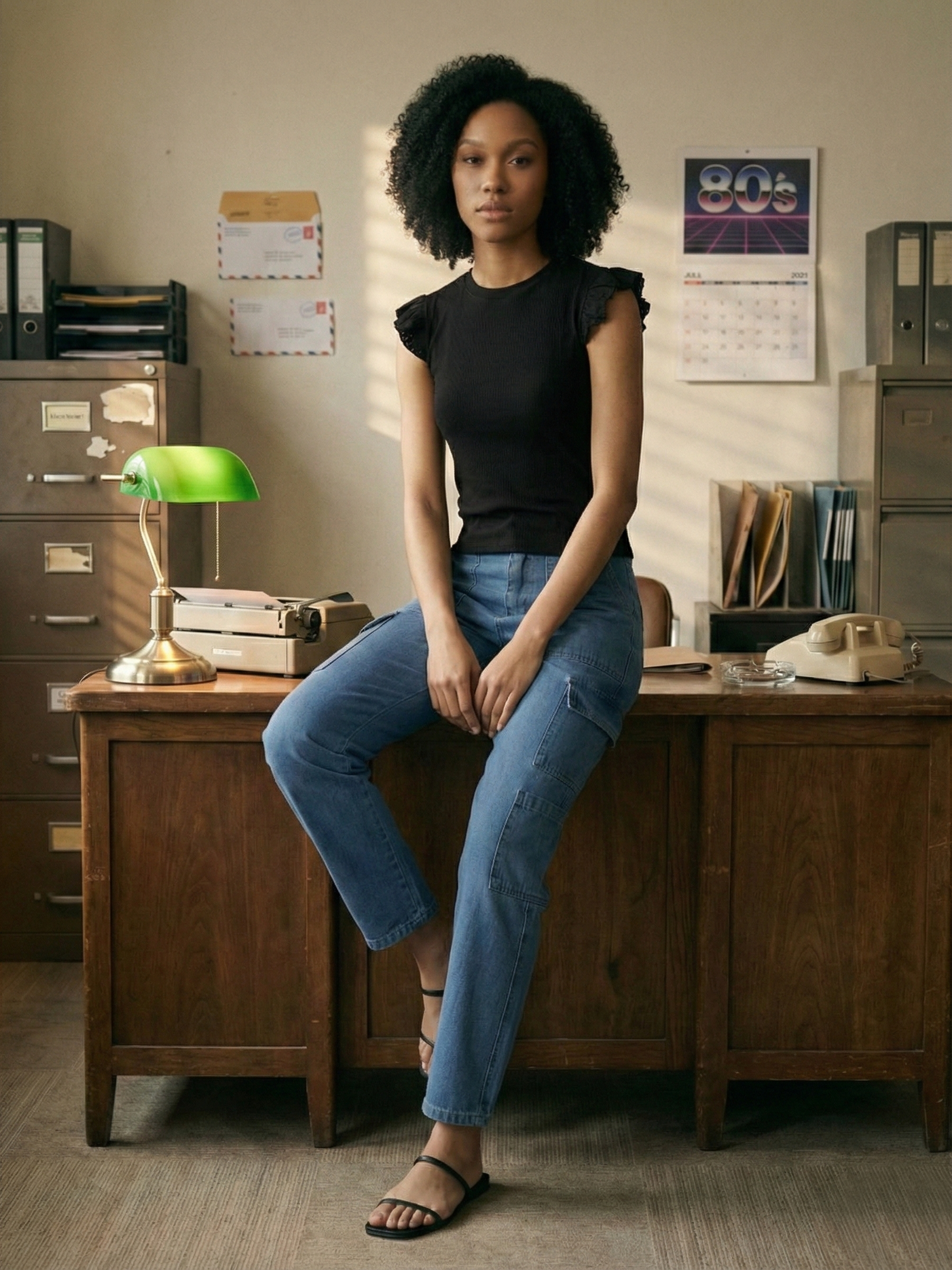 Women's Black Ribbed Cotton Schiffli Top with Round Neck