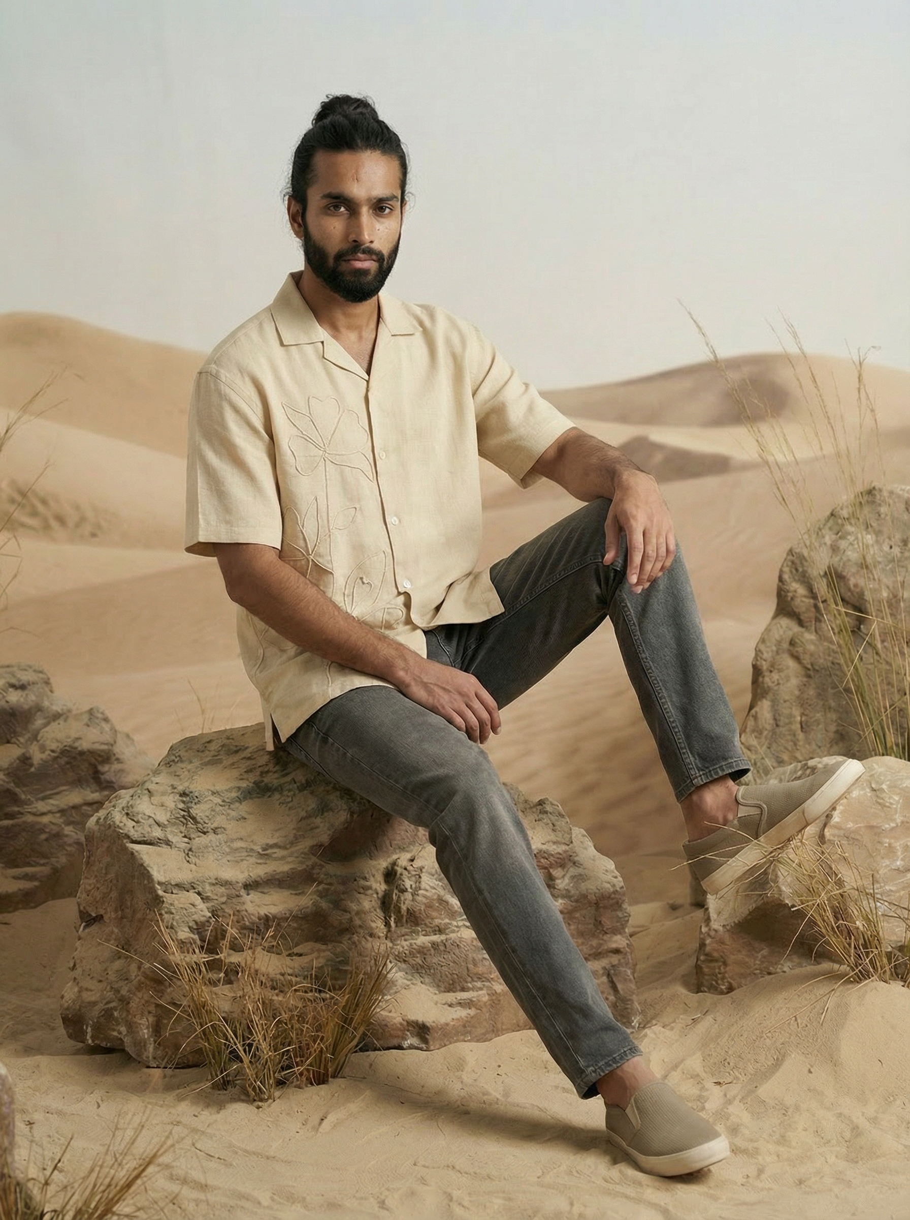 Men’s Natural Organic Flax Oversized Embroidered Cuban Collar Shirt