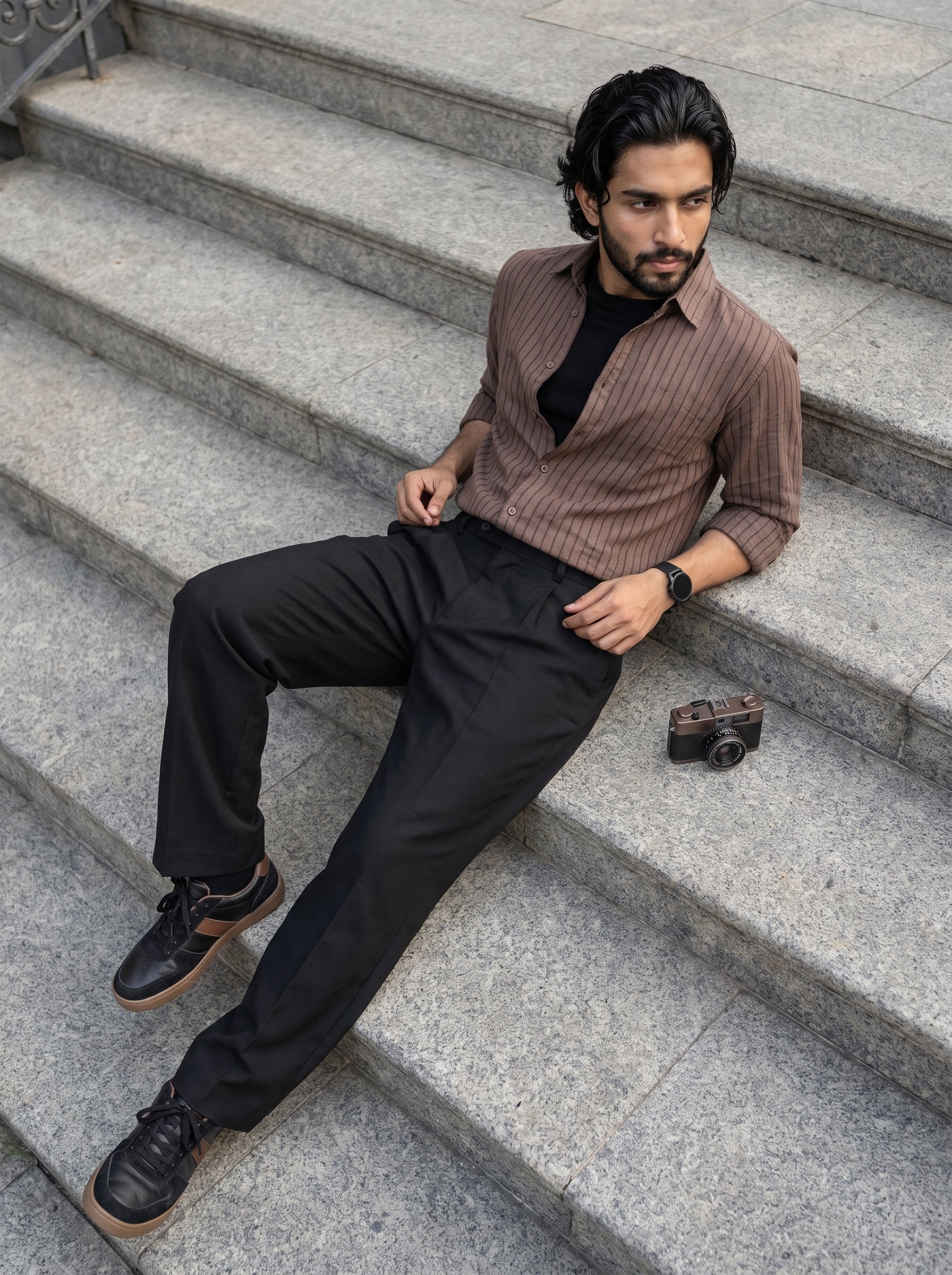 Men's Stripes Brown Relaxed Fit Shirt