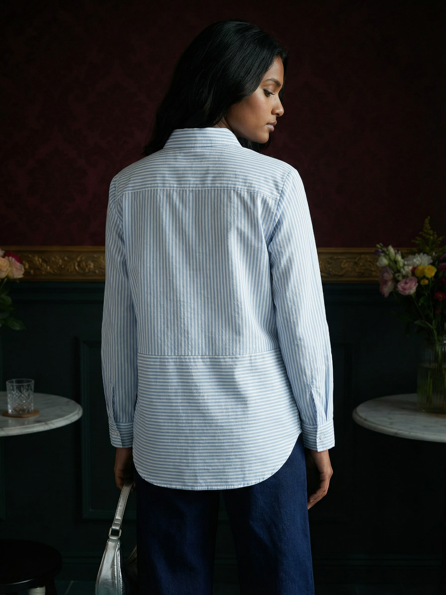 Women’s White & Blue Cotton Regular Fit Striped Shirt