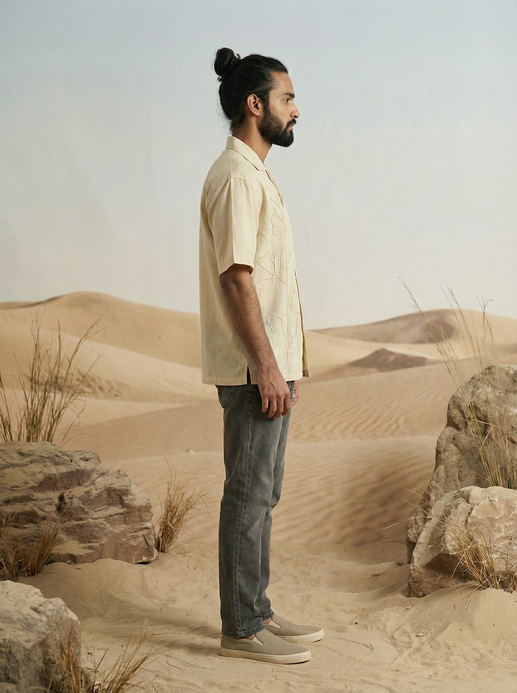 Men’s Natural Organic Flax Oversized Embroidered Cuban Collar Shirt