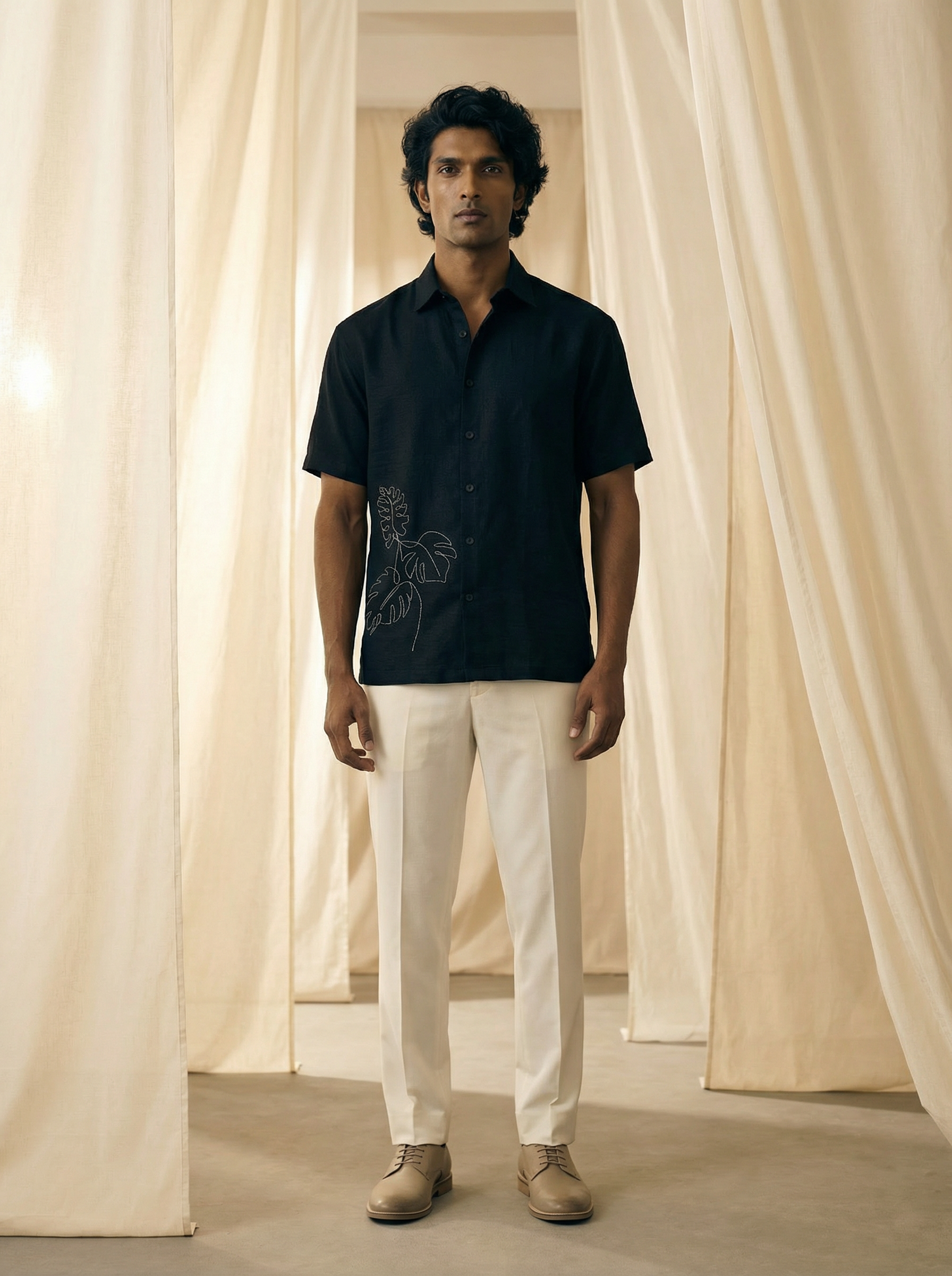 Men’s Navy Linen Oxford Relax Fit Shirt