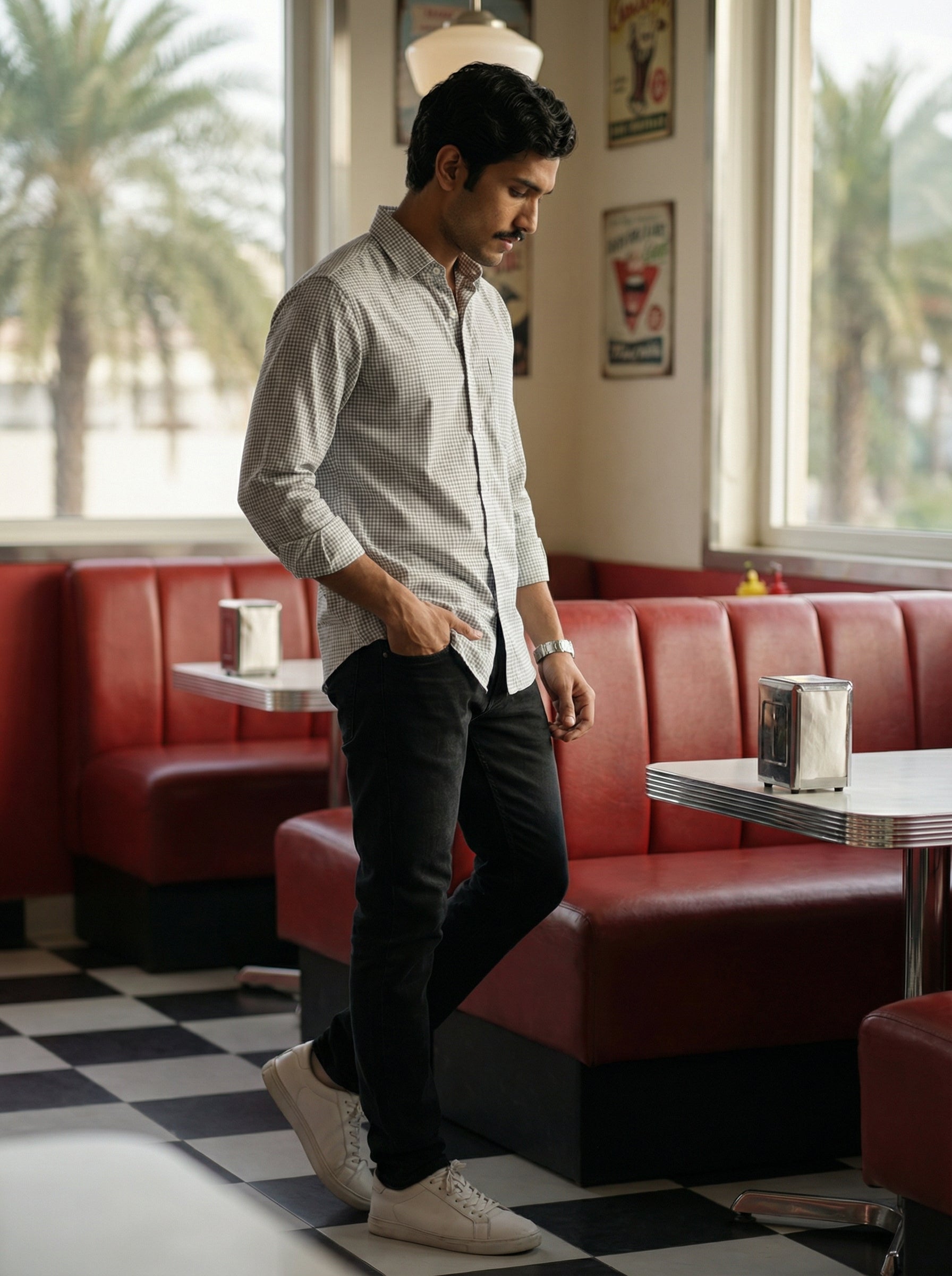 Men’s White Relaxed Fit Cotton Check Shirt