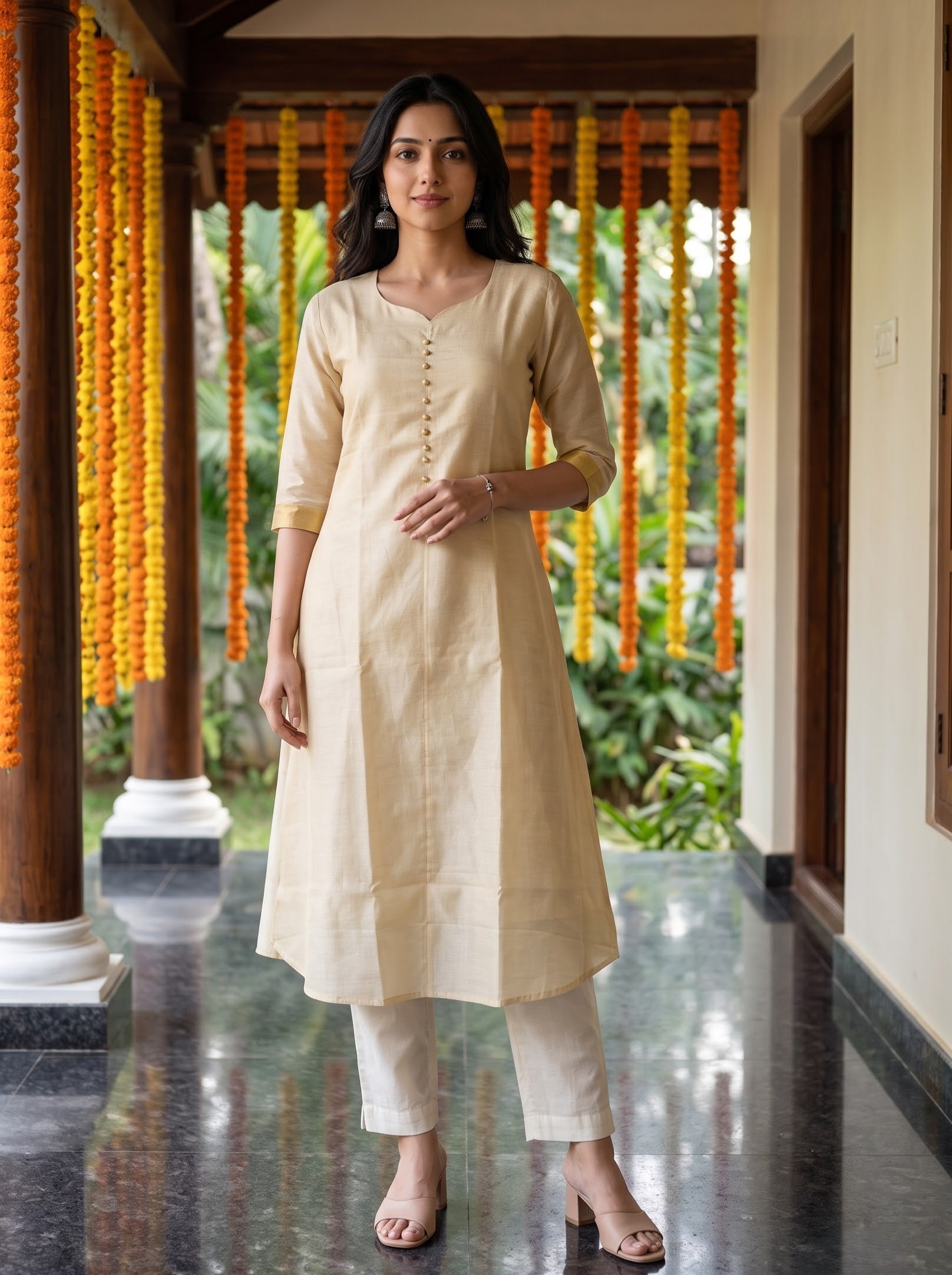 A woman modeling a light beige kurta with three-quarter sleeves and a buttoned neckline, paired with matching beige trousers, standing in a corridor decorated with orange marigold garlands.
