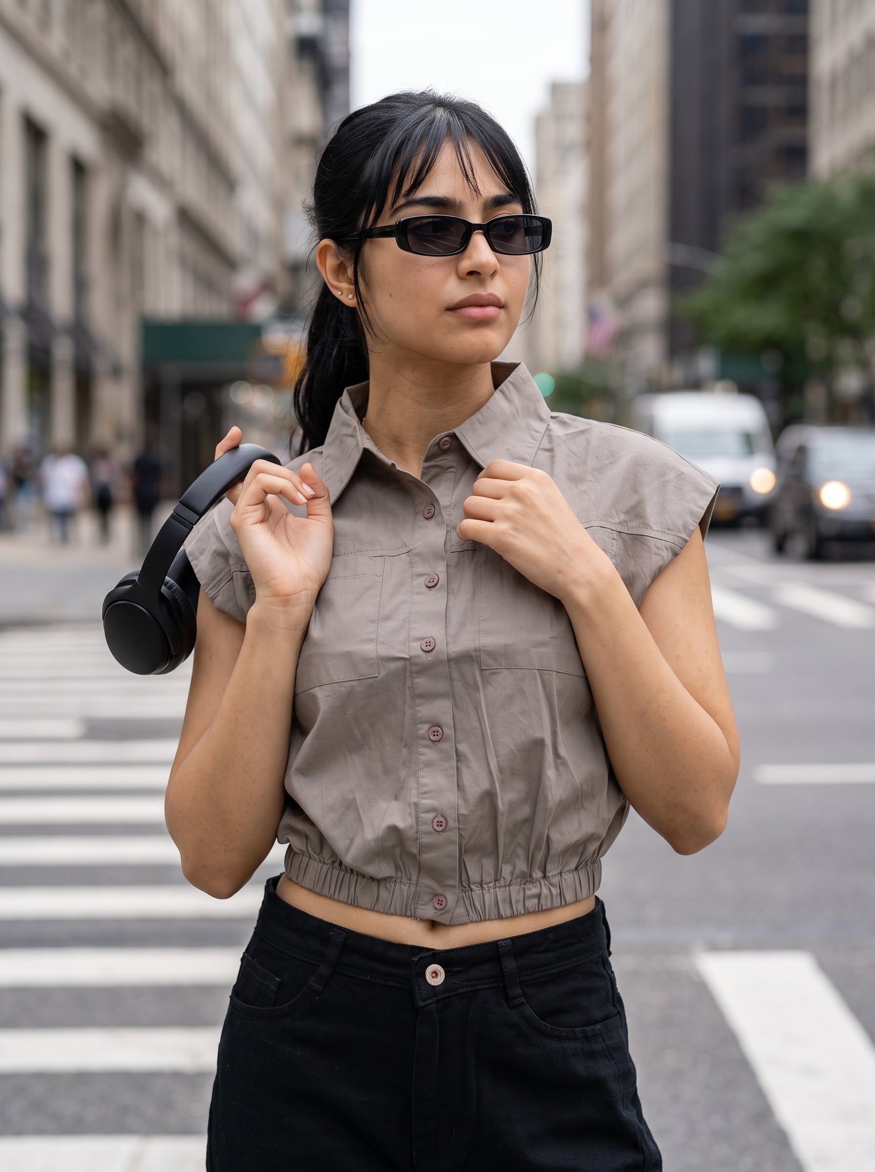 Women's Cotton Twill Grey Regular Fit Top