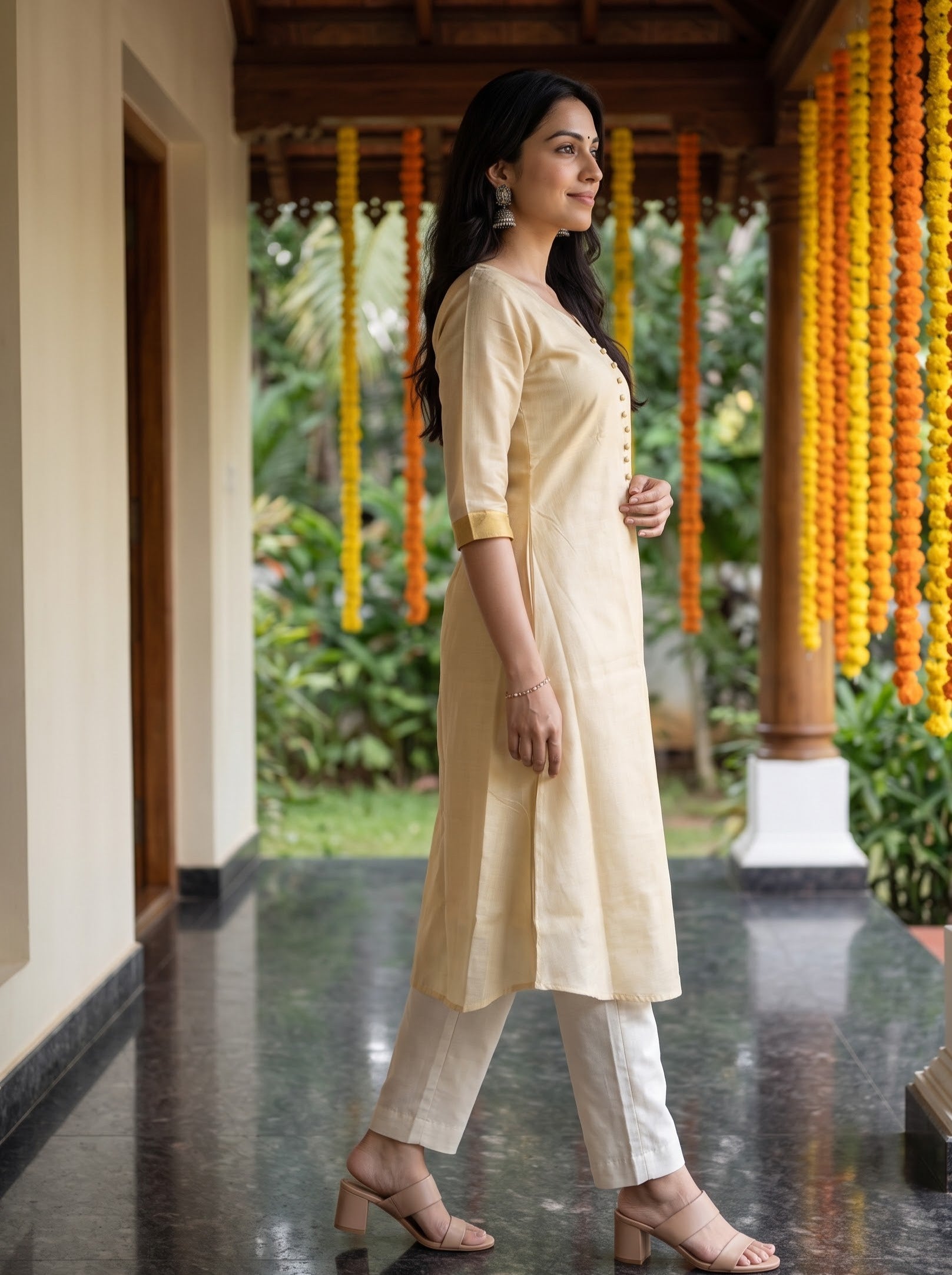 Women's Tissue Gold Aline Fit Onam Special Kurti