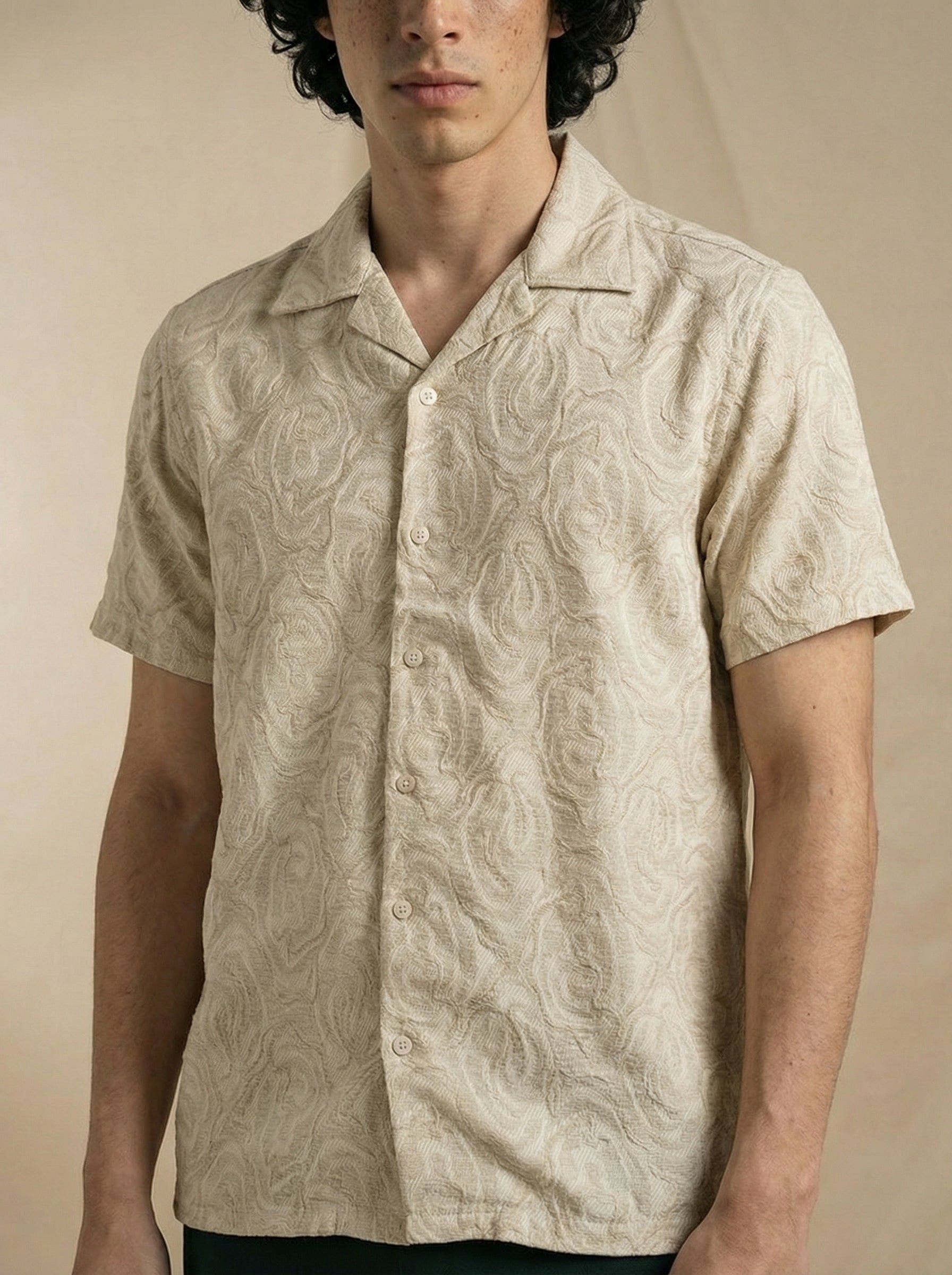 Beige Cuban Collar Relaxed Fit Half Sleeve Jaquard Shirt for Men