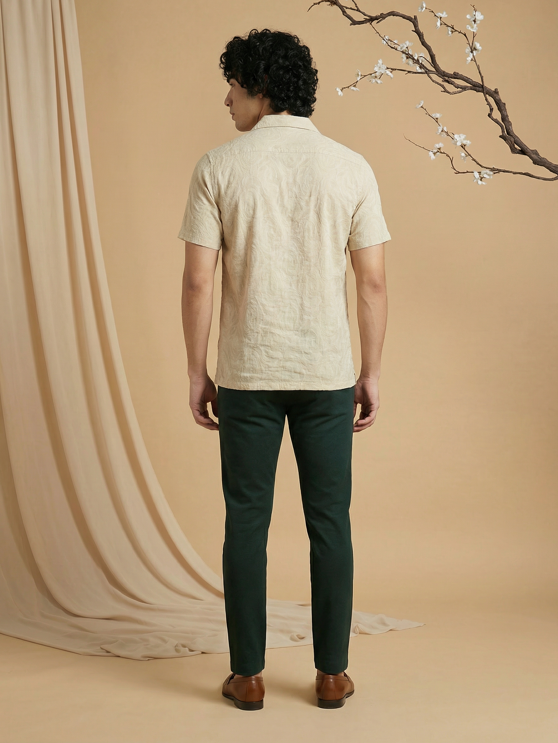 Beige Cuban Collar Relaxed Fit Half Sleeve Jaquard Shirt for Men