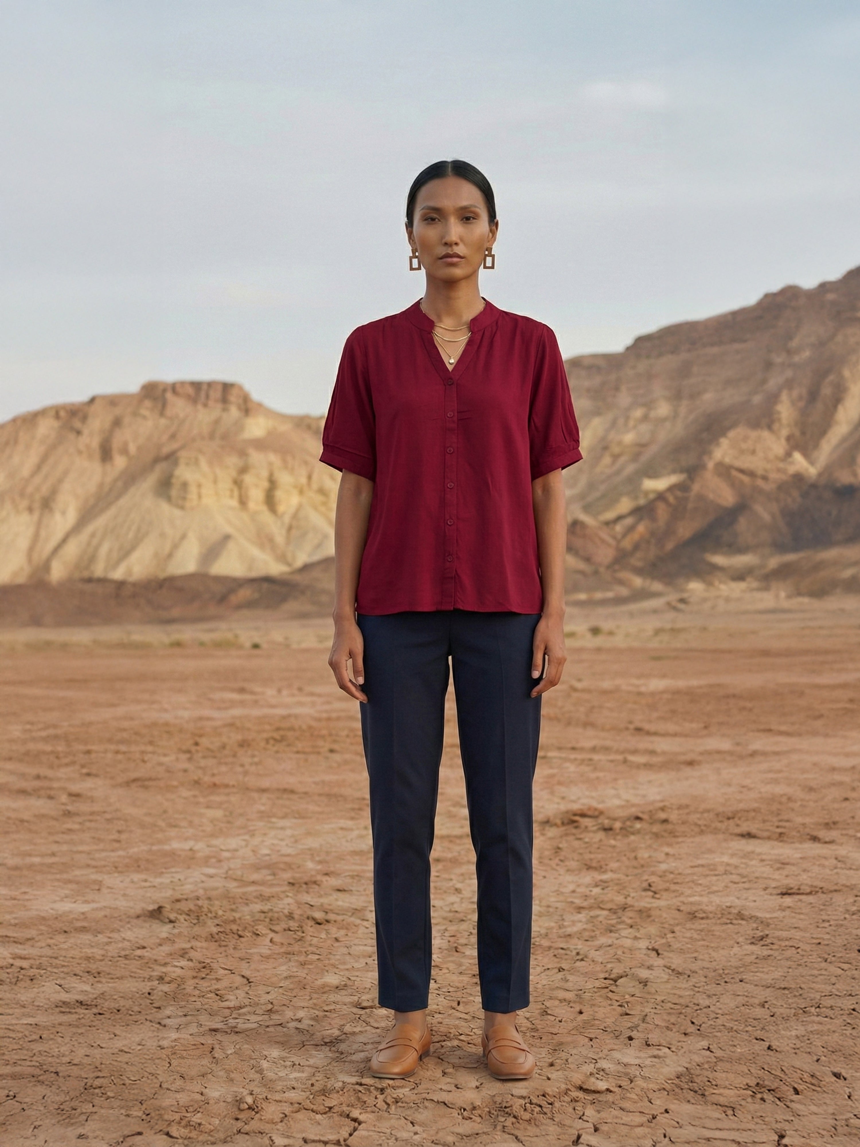 Women's Maroon Linen Shirt with Chinese Collar Neck