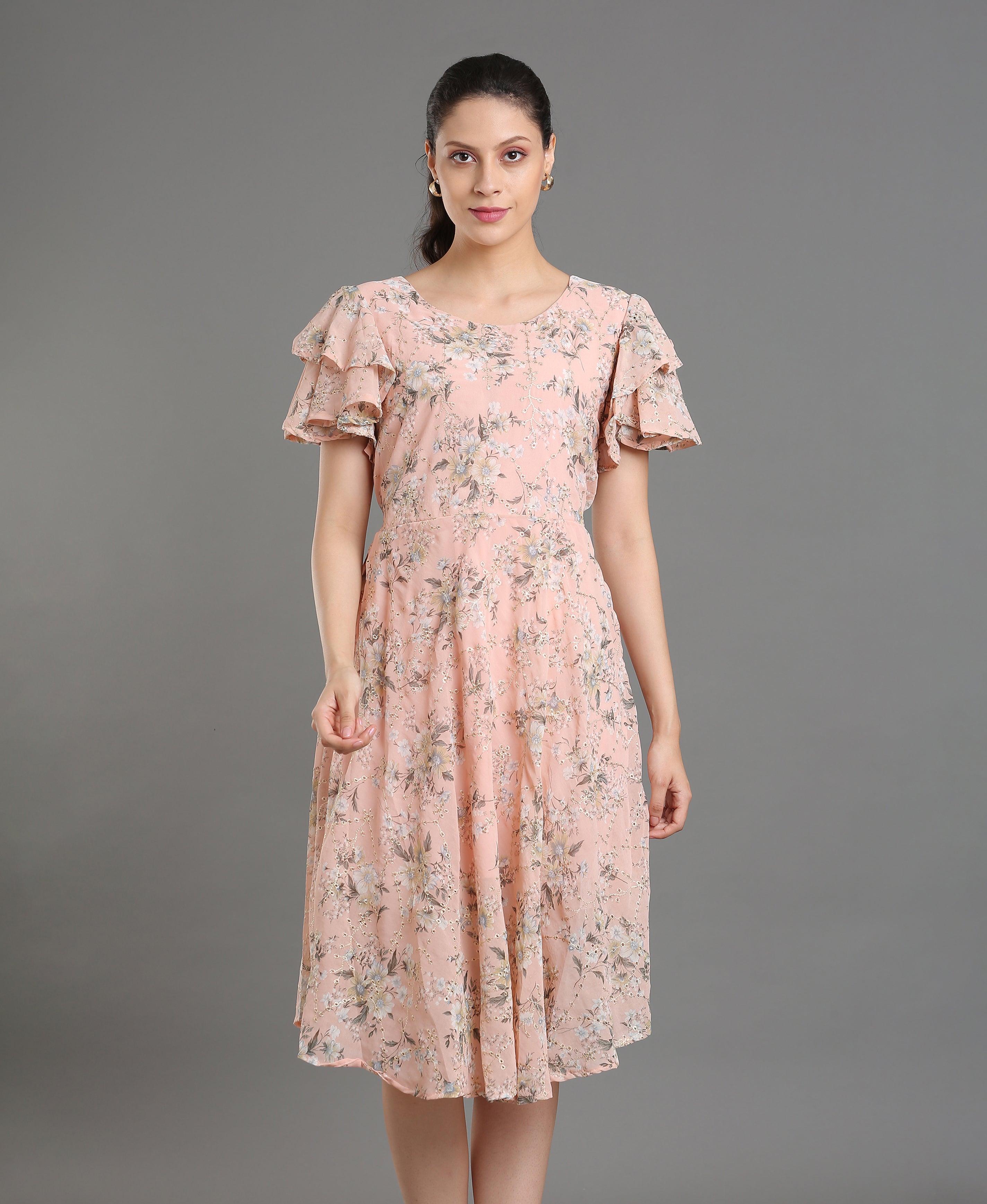 Peach Bloom Embroidered Georgette Dress