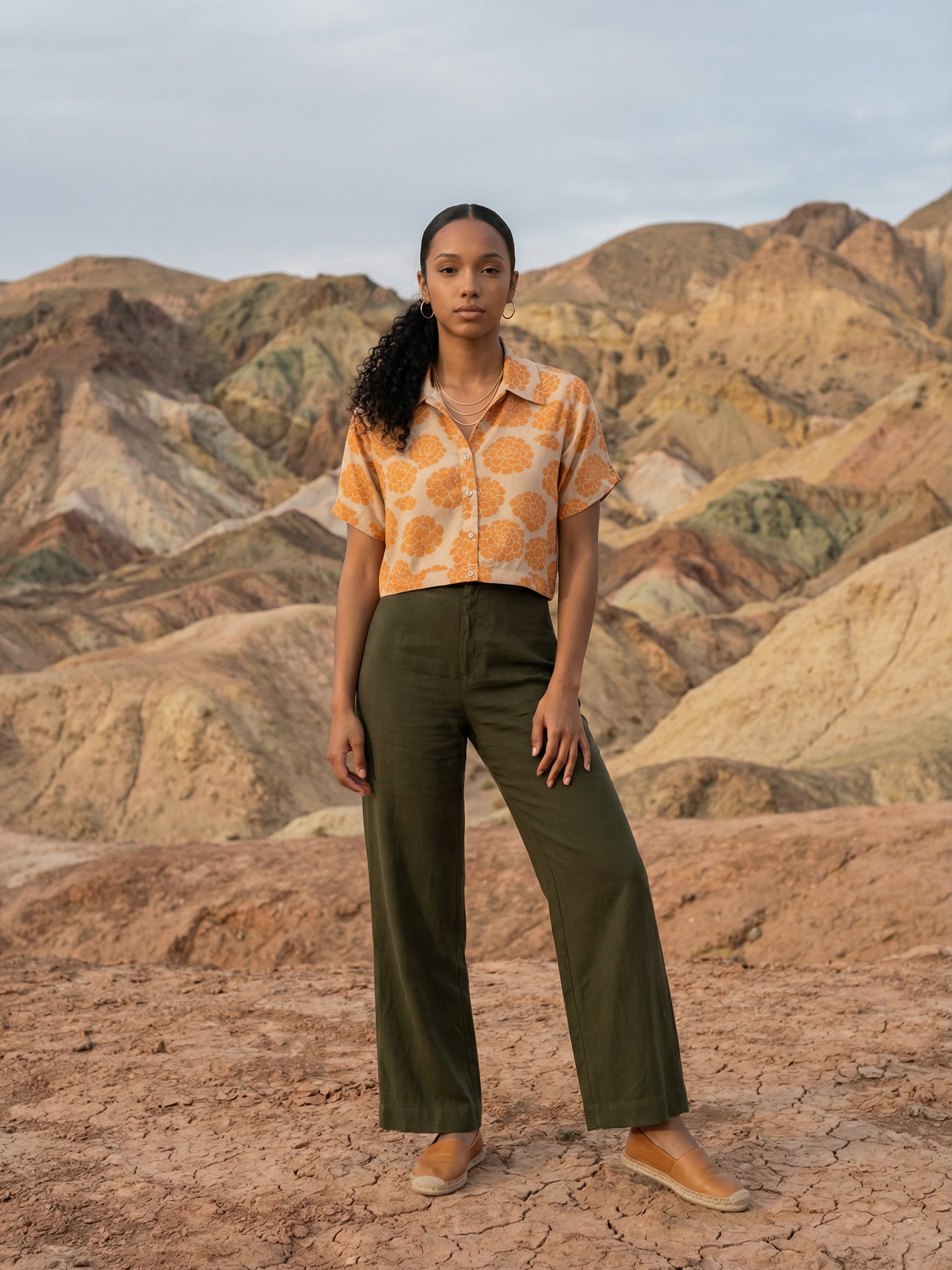Women's Orange Rayon  Top with Classic Collar Neck