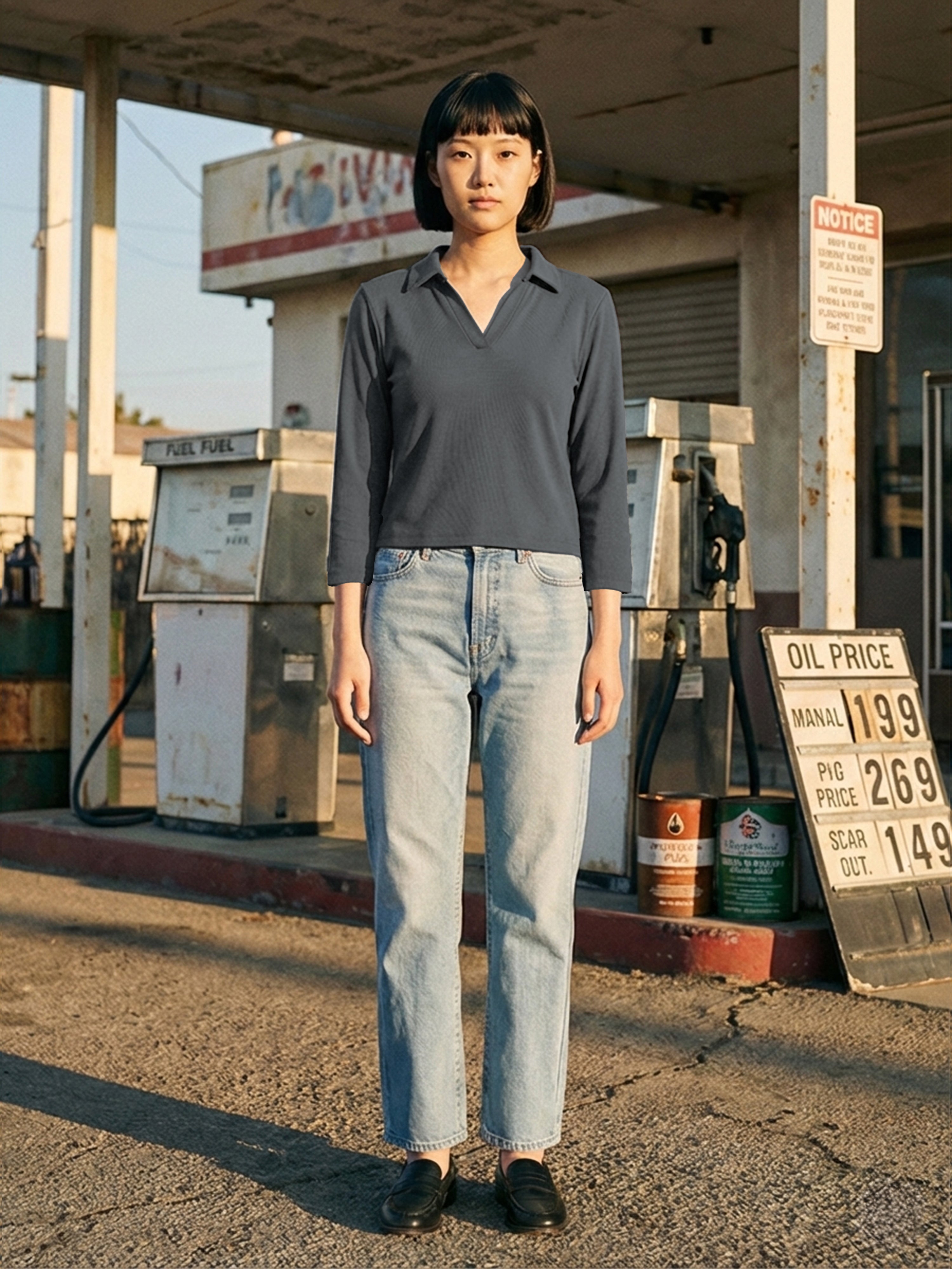 Women's Charcoal Rib Knit Top with Polo Collar Neck