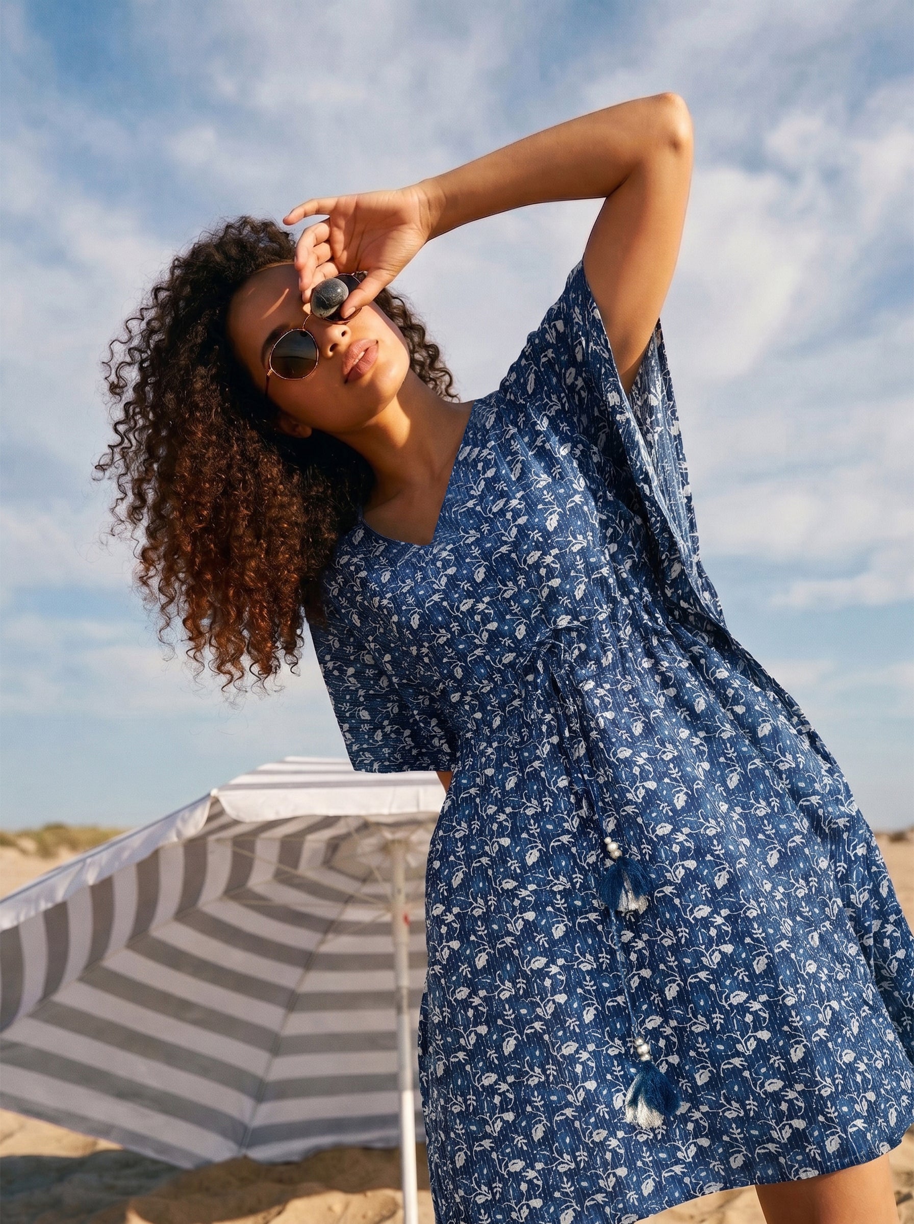 Women's KathaFabric Blue Kaftan Short Printed Kaftan