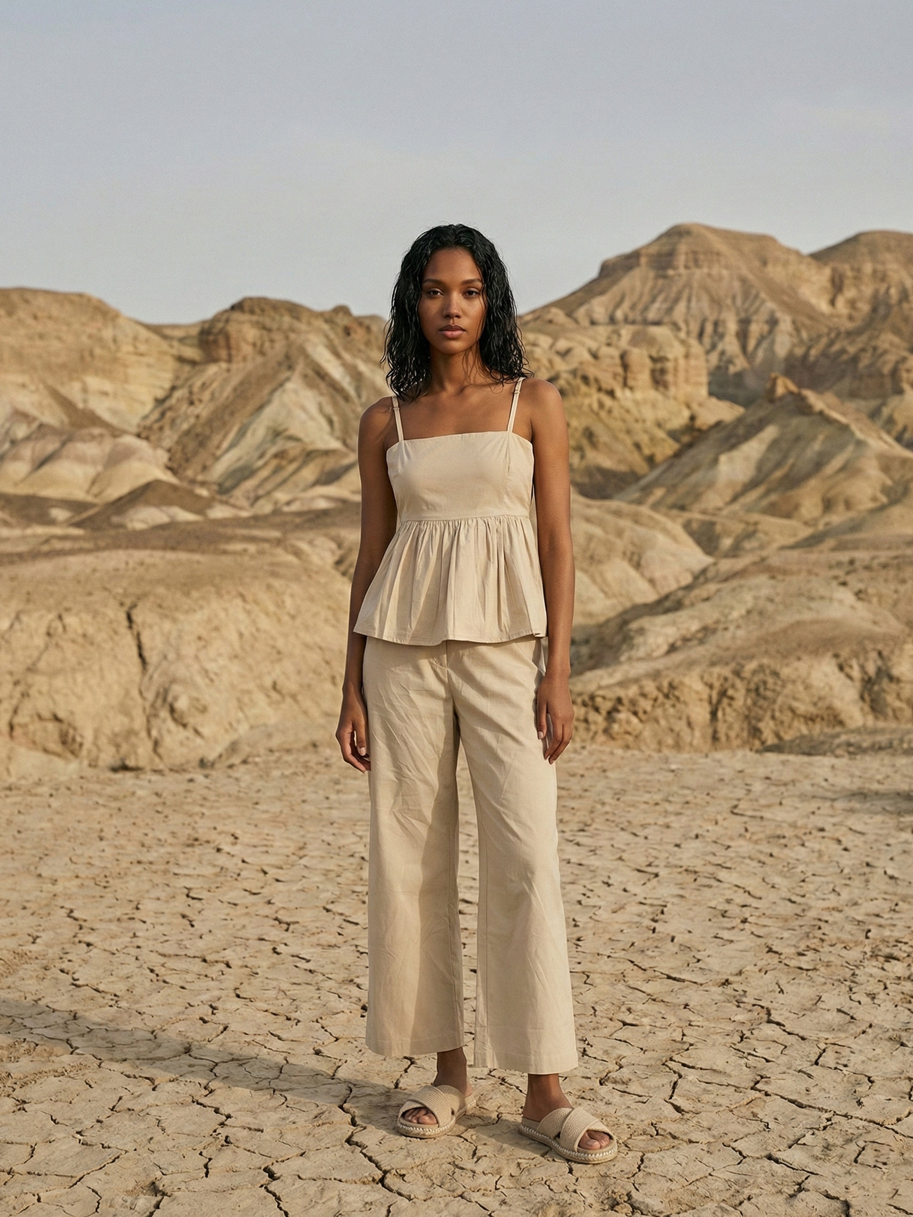 Women's Beige Poplin Co_Ords with Square Neck Neck