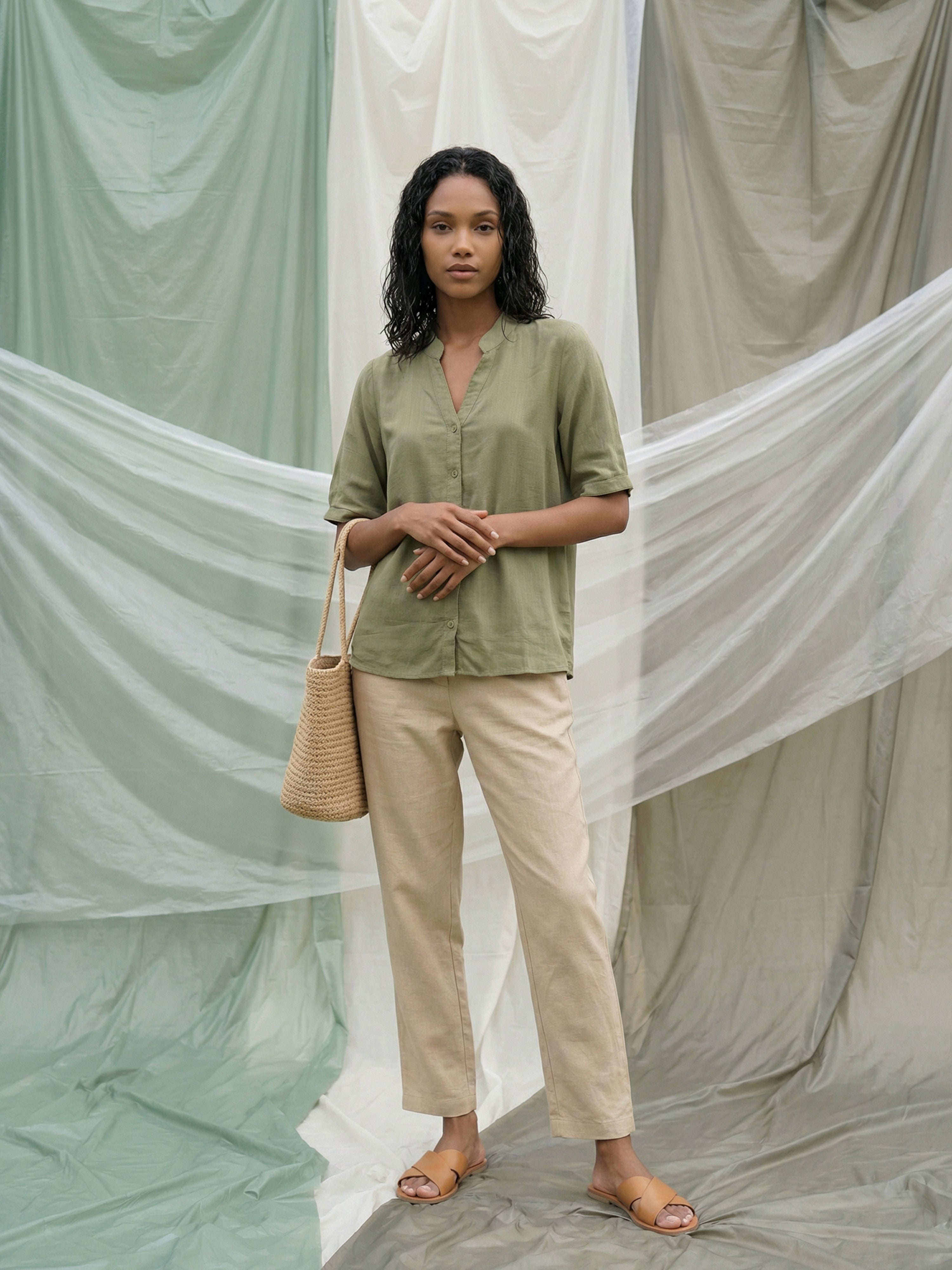 Women's Pista Linen Shirt with Chinese Collar Neck
