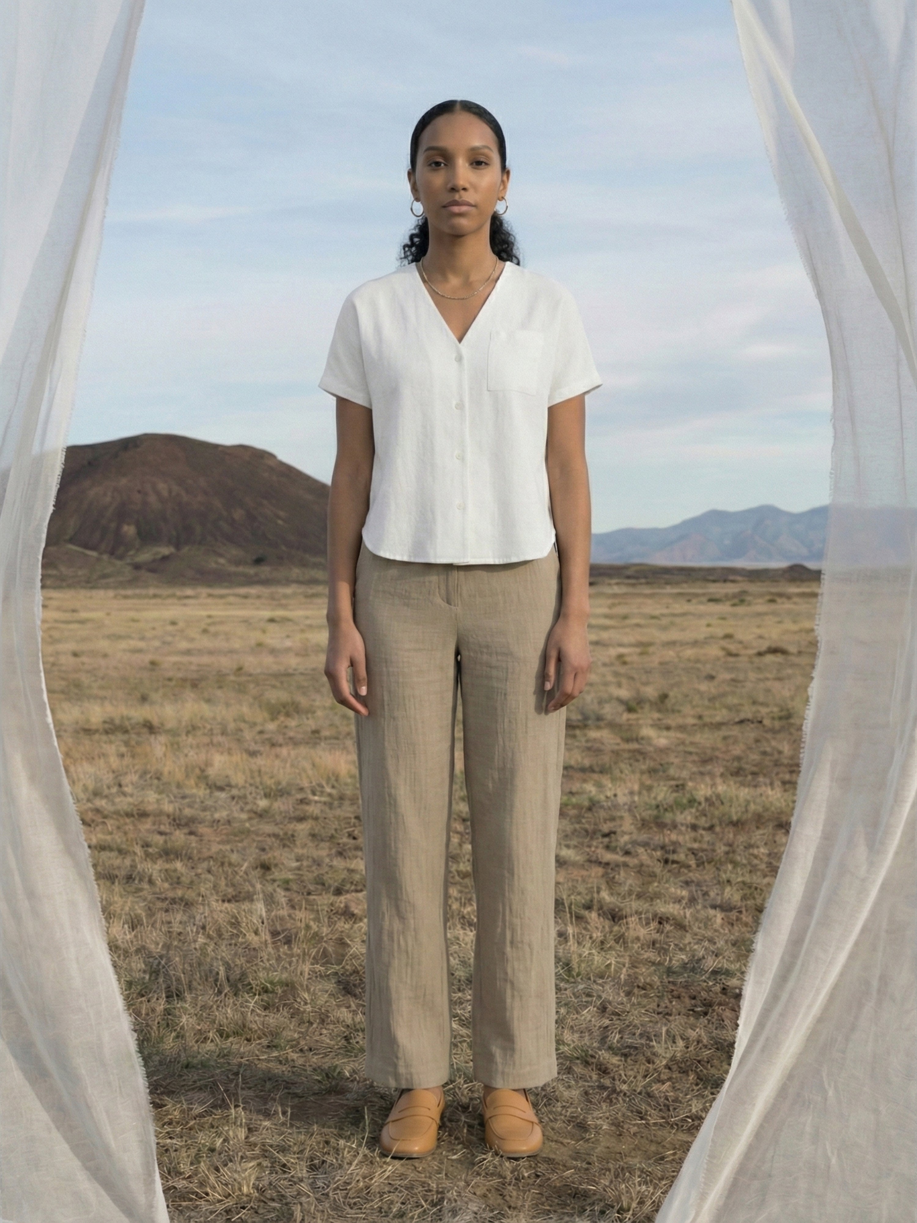 Women's White Linen Top with V Neck Neck