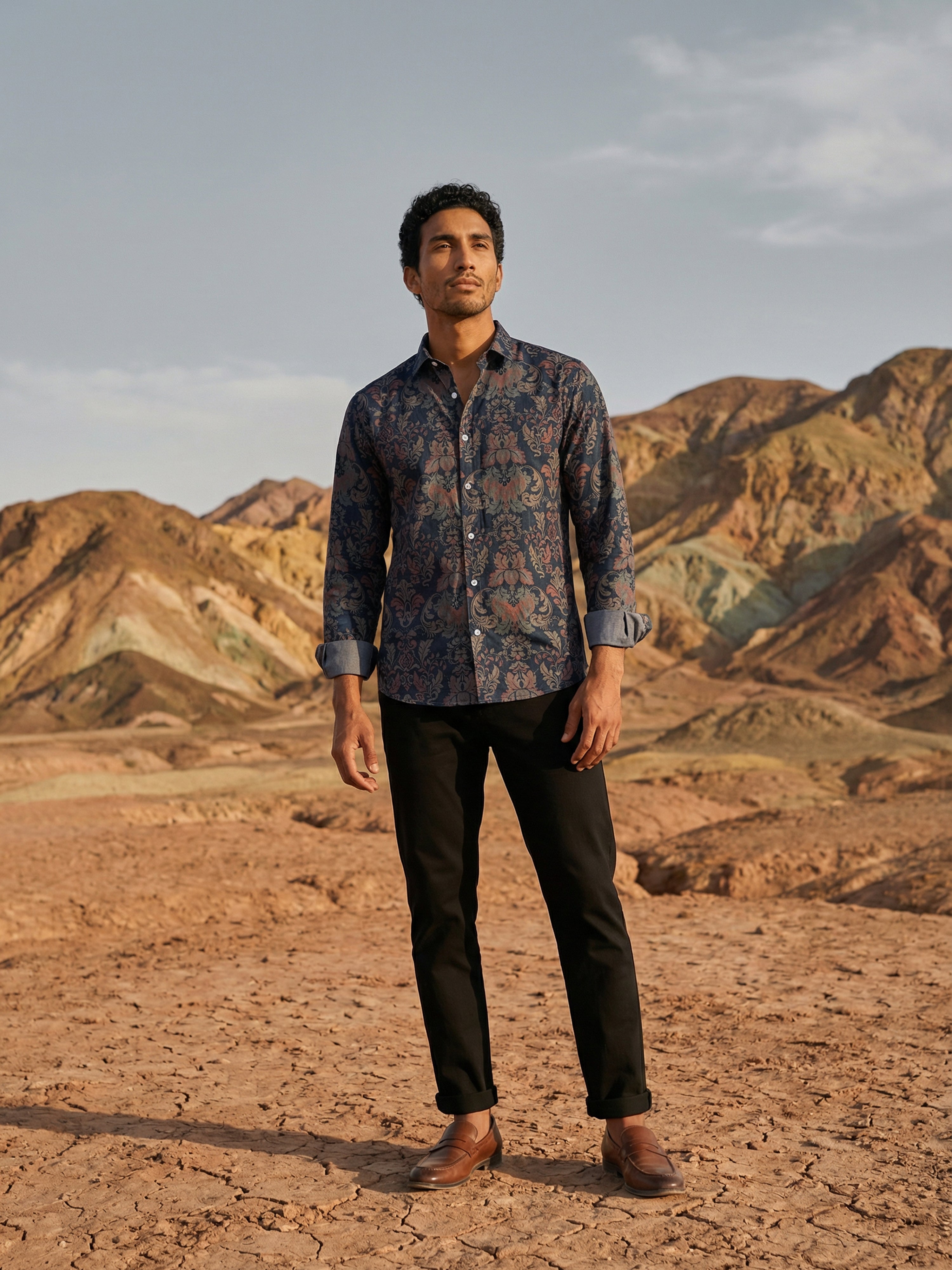 Navy  Milanj Semi Formal Print Semi Cut Away Collar Full Sleeves Shirt For Male