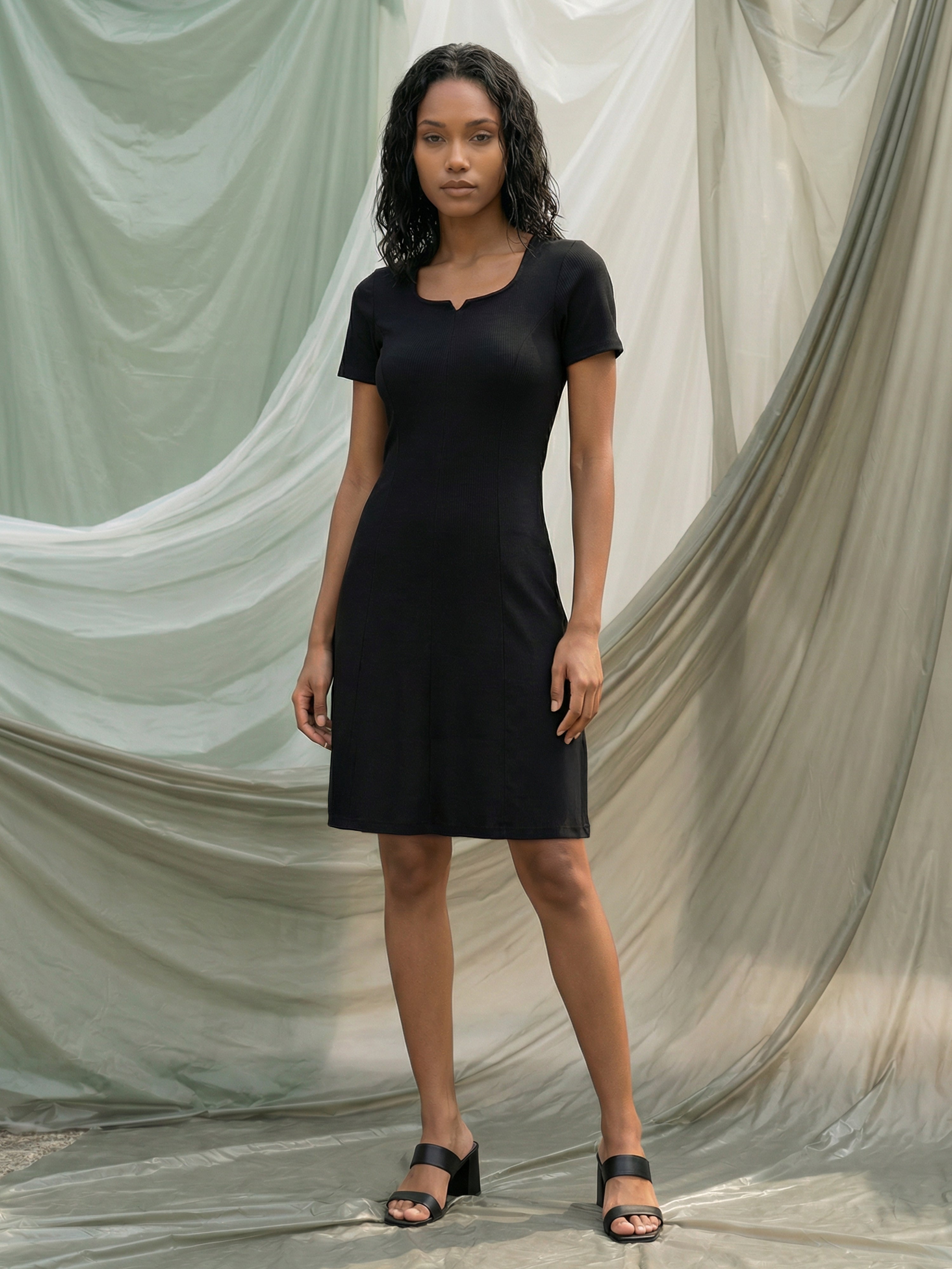 Black Ribbed Square With Split V Neck Short Dresses For Female