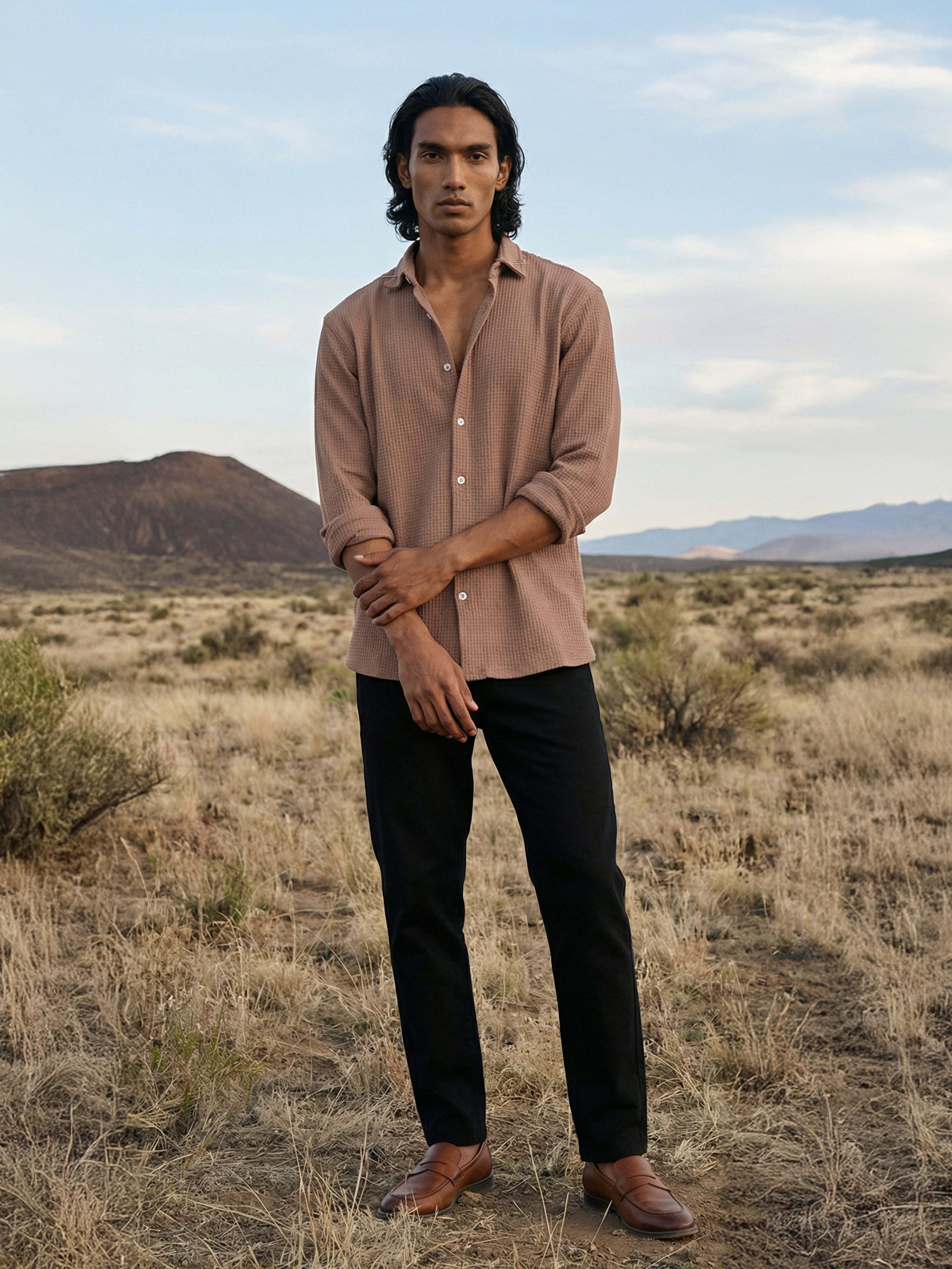 Burnt Orange Marvel Cotton Blend Semi Cut Away Collar Full Sleeves Shirt For Male