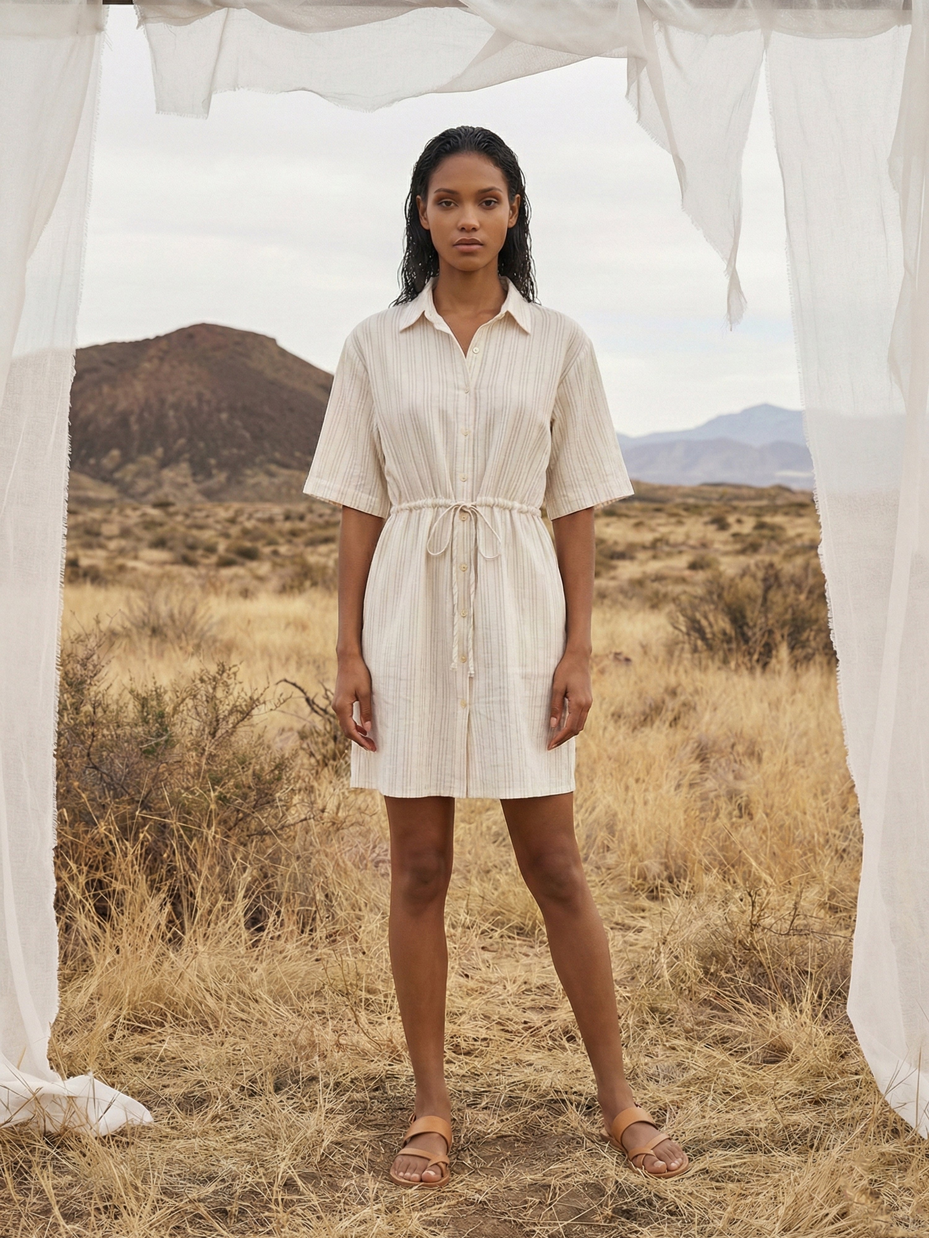 Women's Fawn Linen Stripe Dresses with Collar Neck Neck