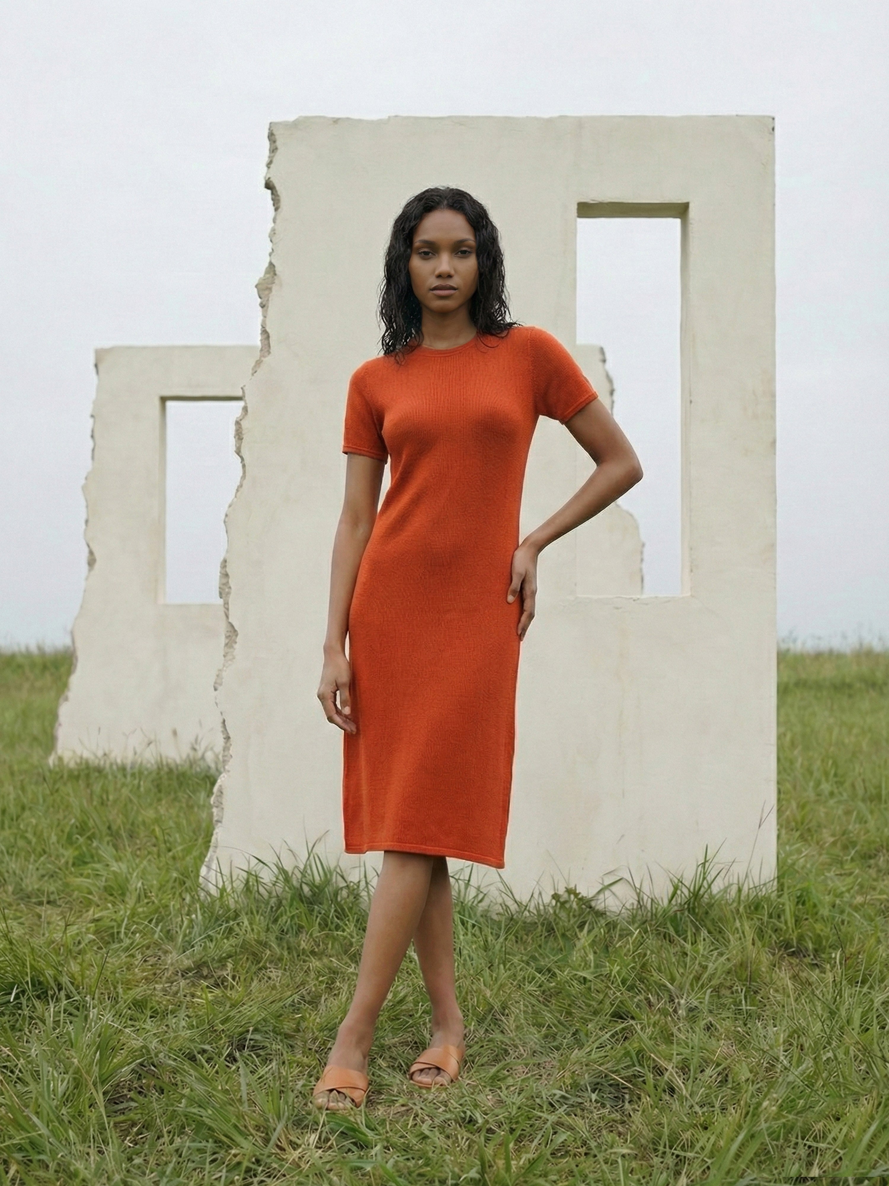 Women's Rust Knit Dresses with Round Neck Neck