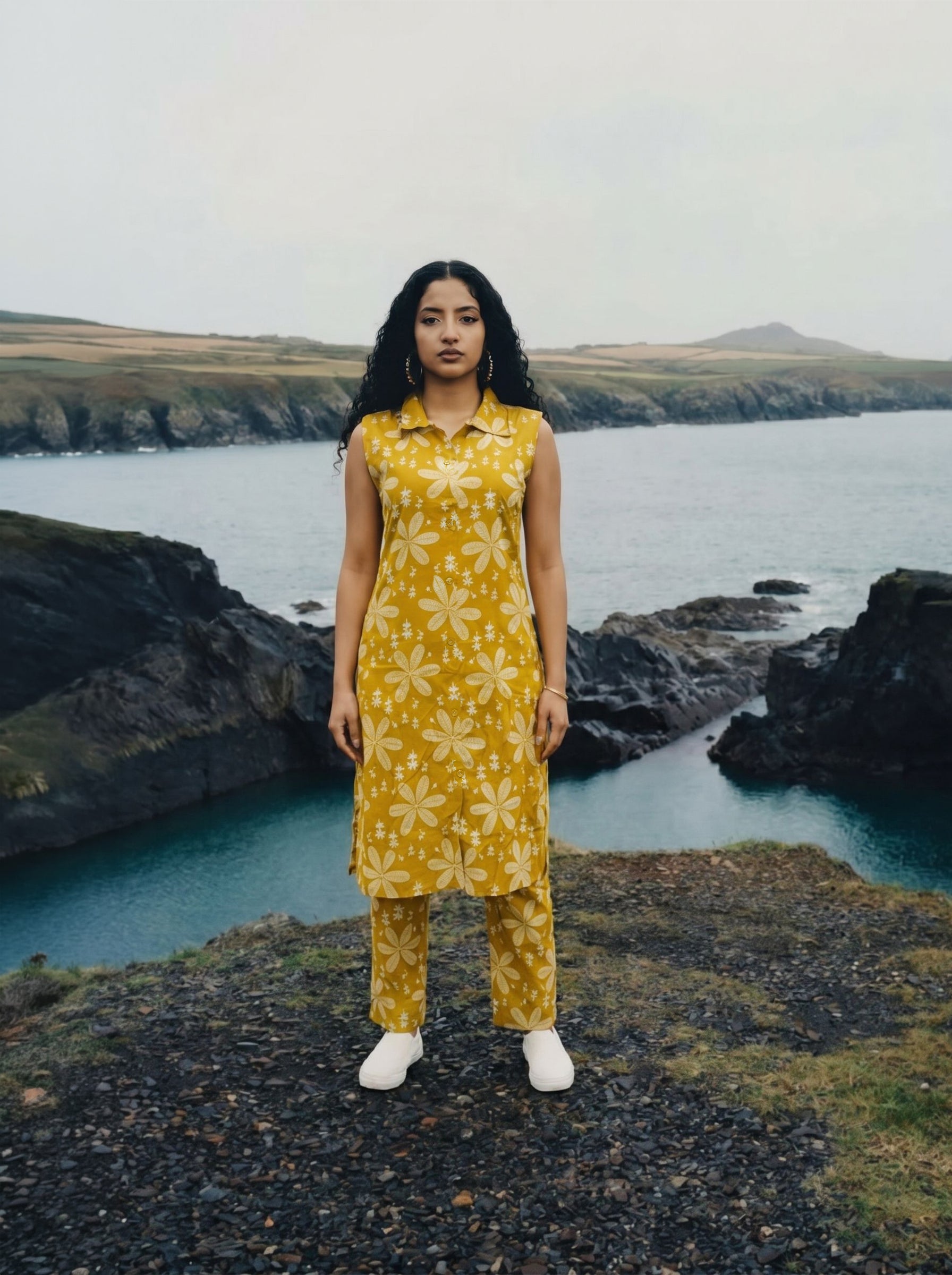 Women's Cotton Yellow Collar Neck Regular Fit Kurti Set