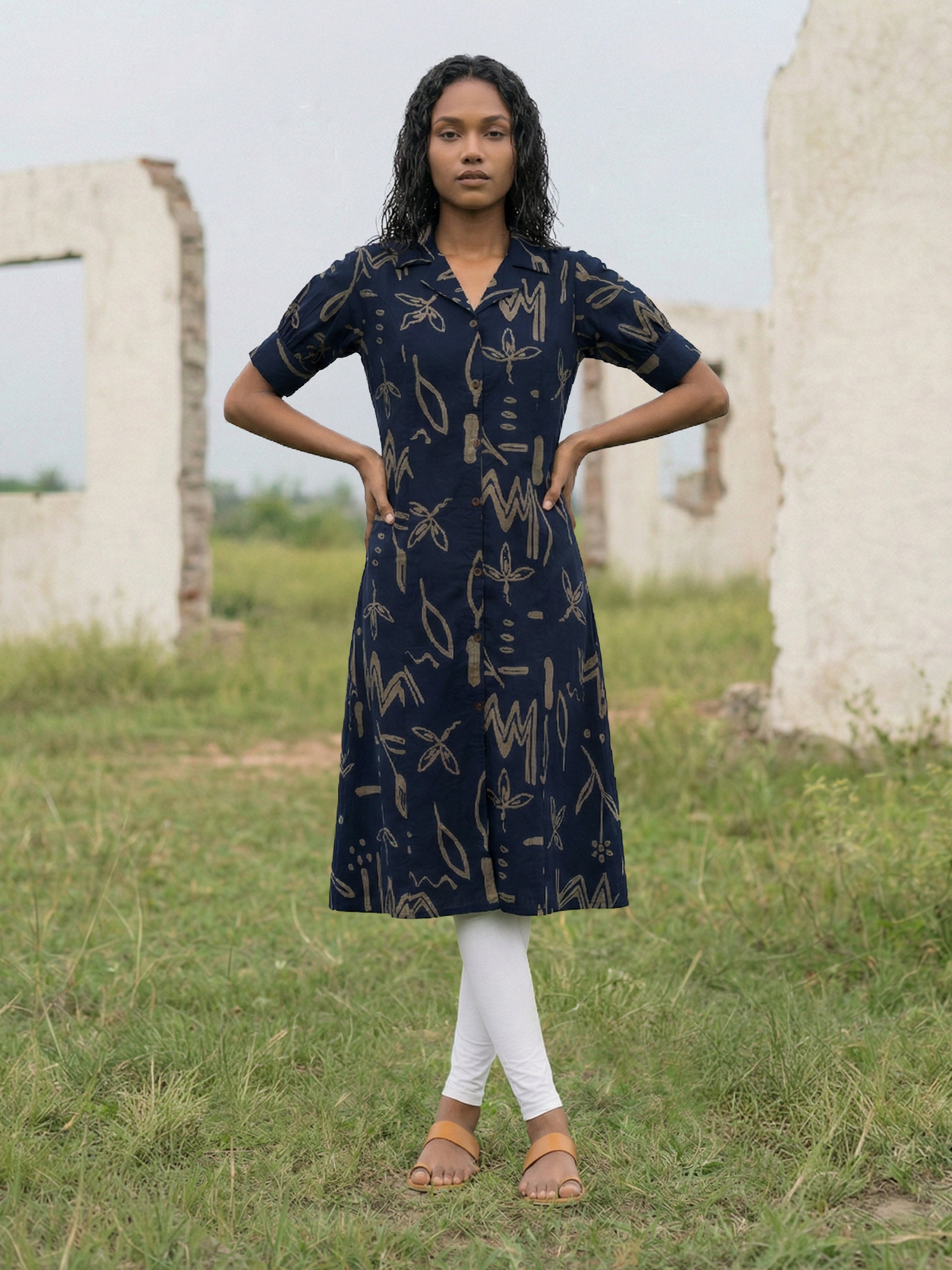 Navy Blue Cotton Collar Neck Elbow Sleeve Dresses For Female