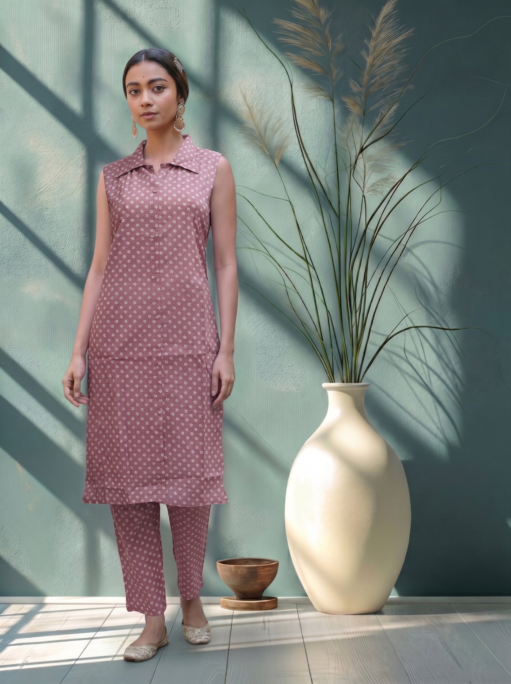 Women's Cotton Pink Regular Fit  Sleeveless Kurti Set