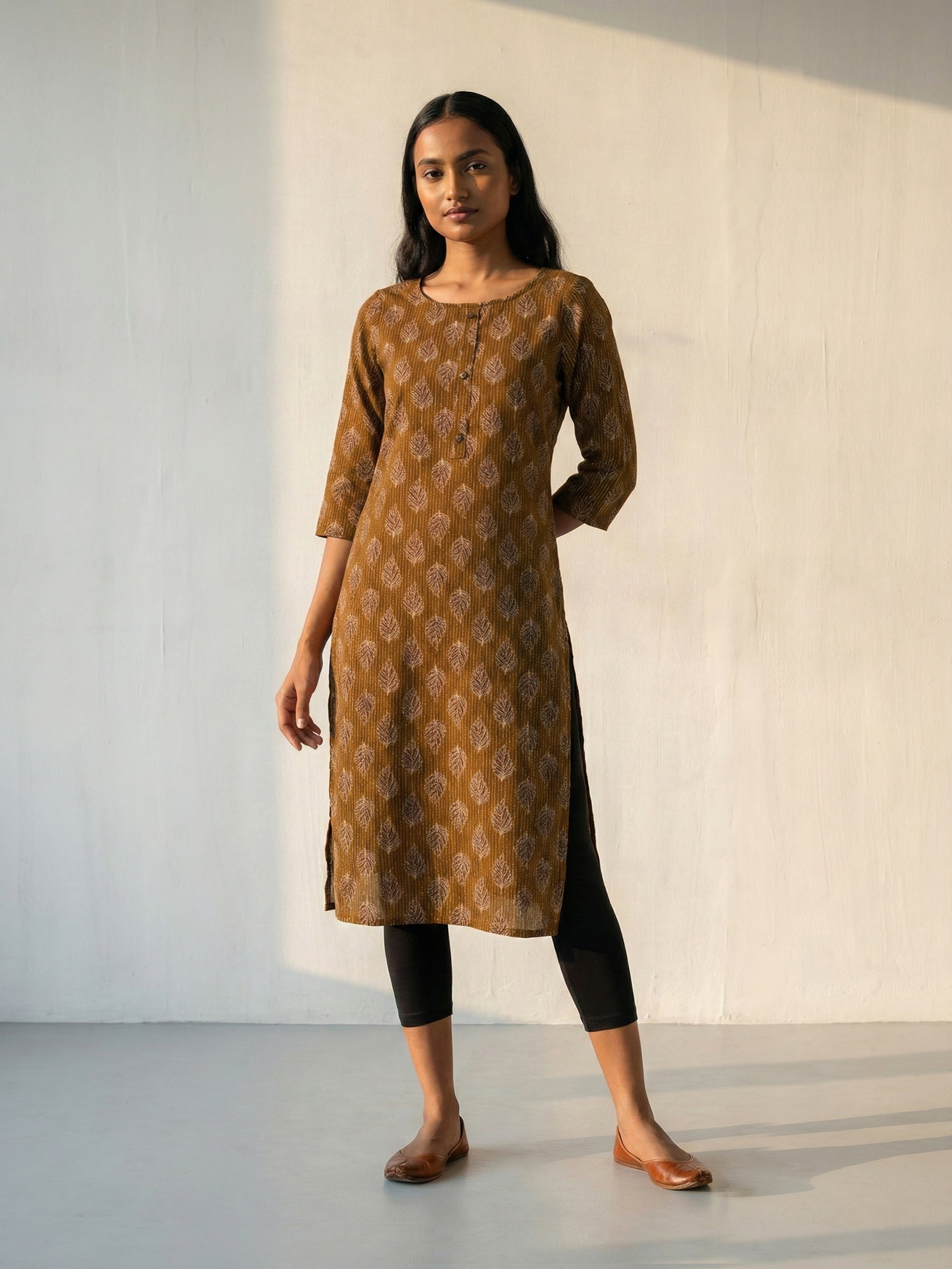 Mustard Katha Cotton Round Neck 3/4 Sleeve Kurti For Female