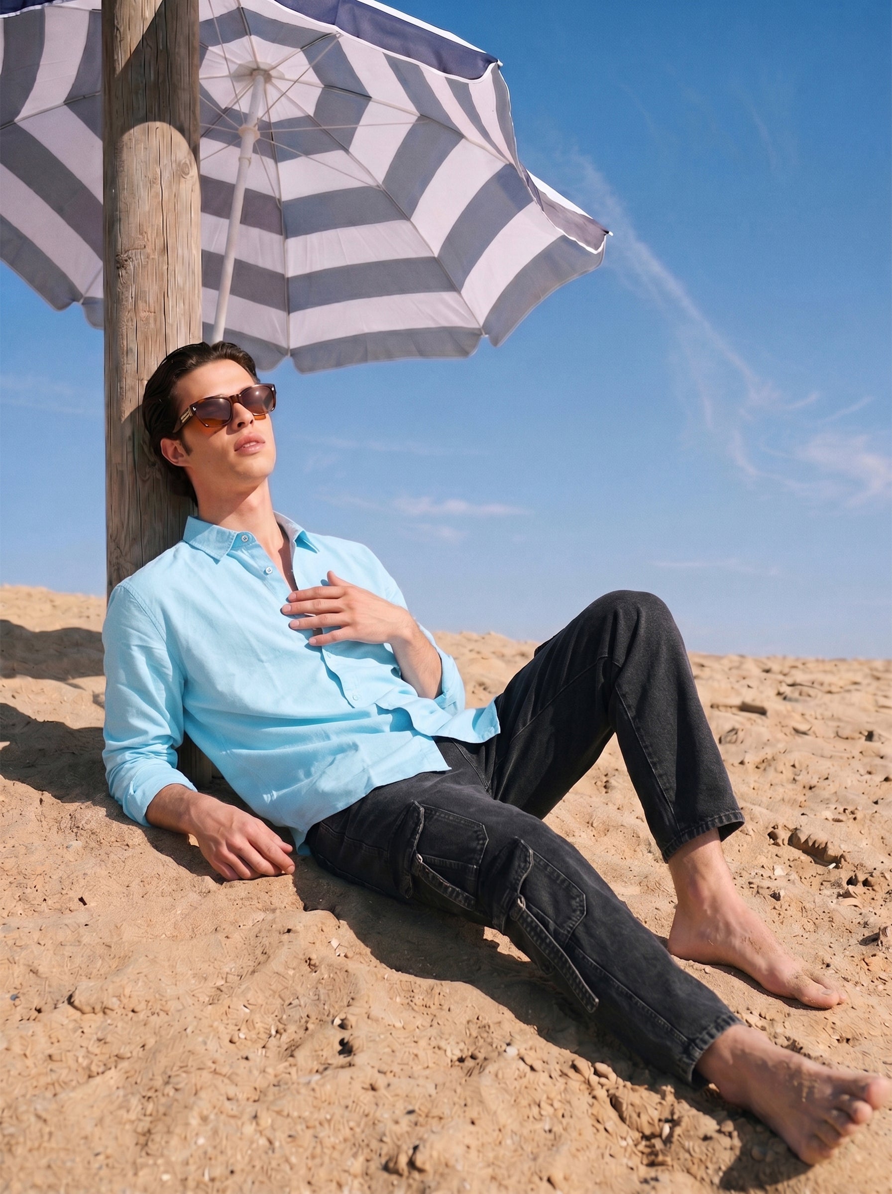 Men's Cotton Sky Blue Relaxed Full Sleeve Shirt
