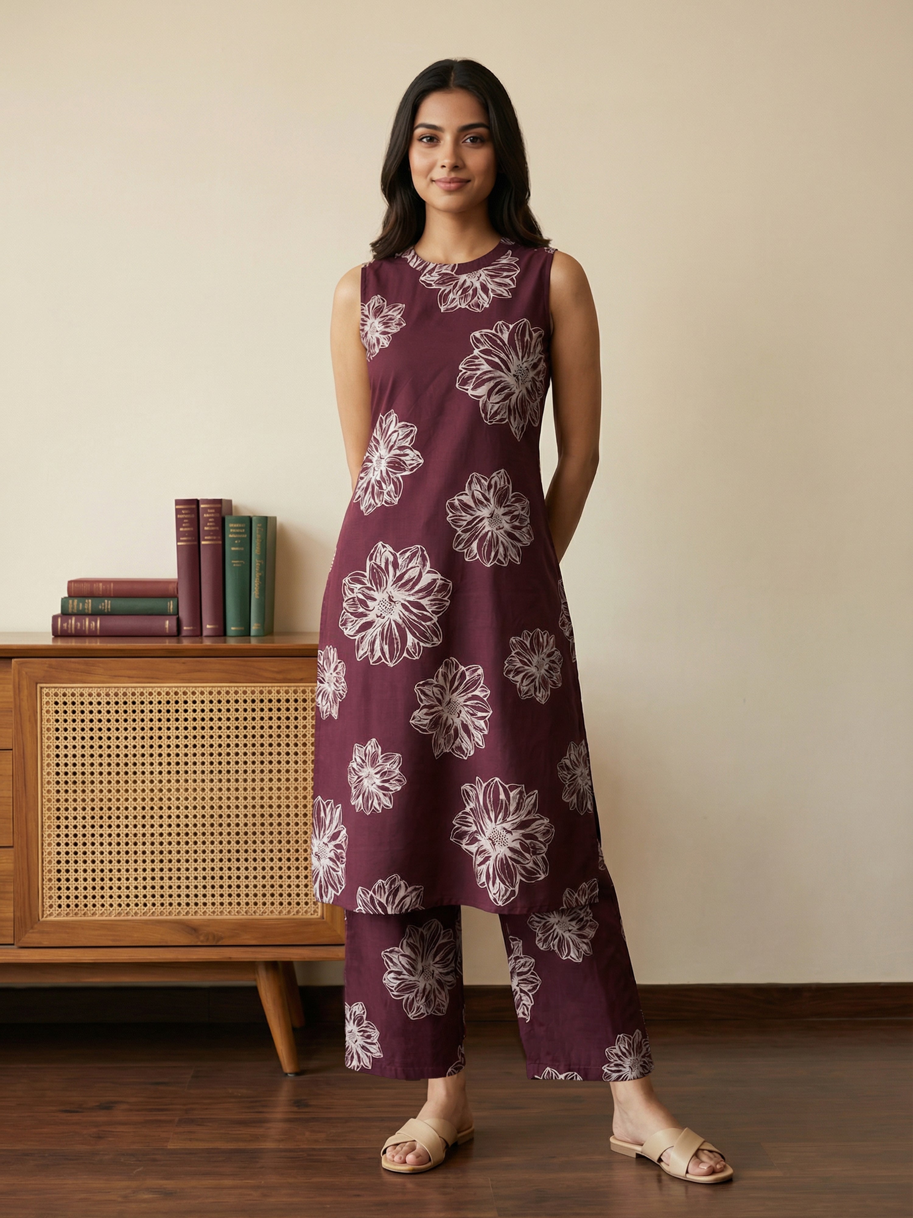 Wine Cotton Halter Neck Sleeveless Kurti Set For Female