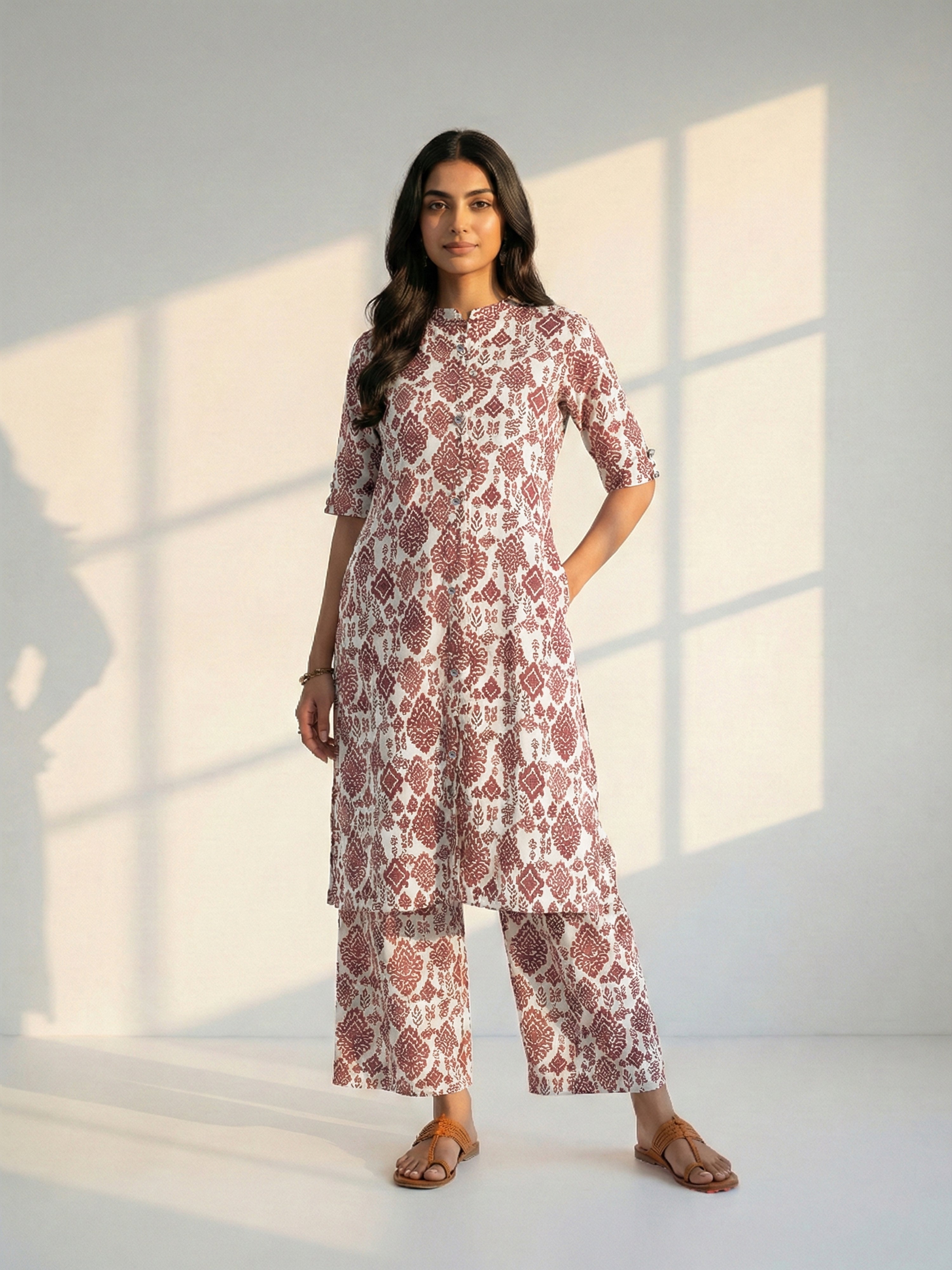 Maroon Rayon Round Neck 3/4 Sleeve Kurti Set For Female