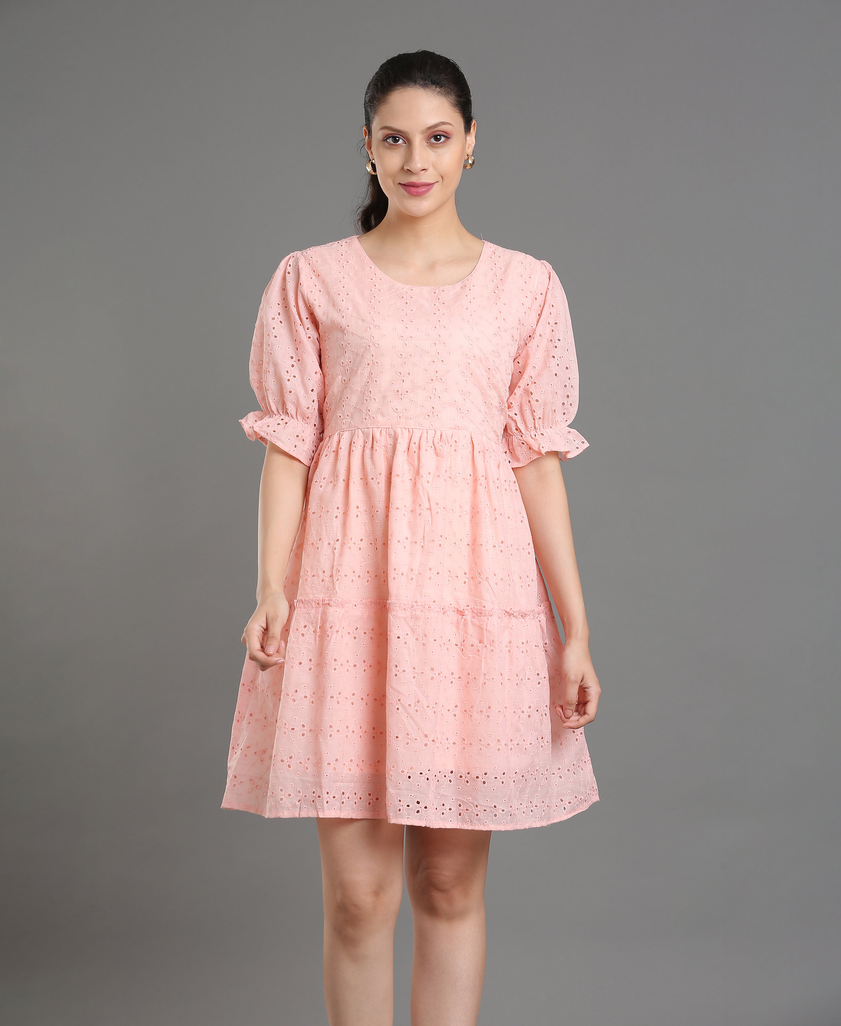 Peach Chiffli Embroidered Flare Dress