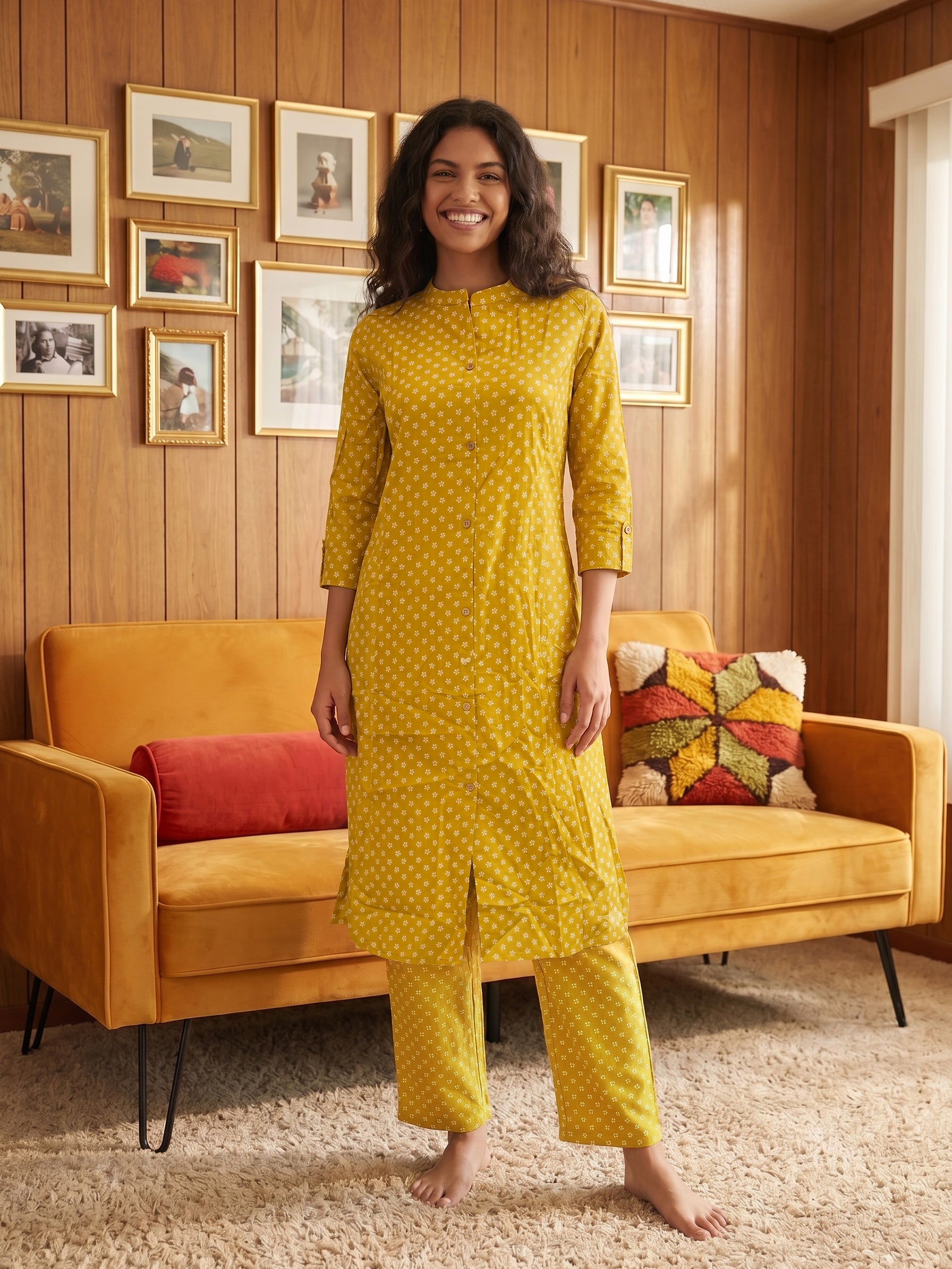 Women's Cambric Cotton Yellow Round Neck Printed Kurti Set