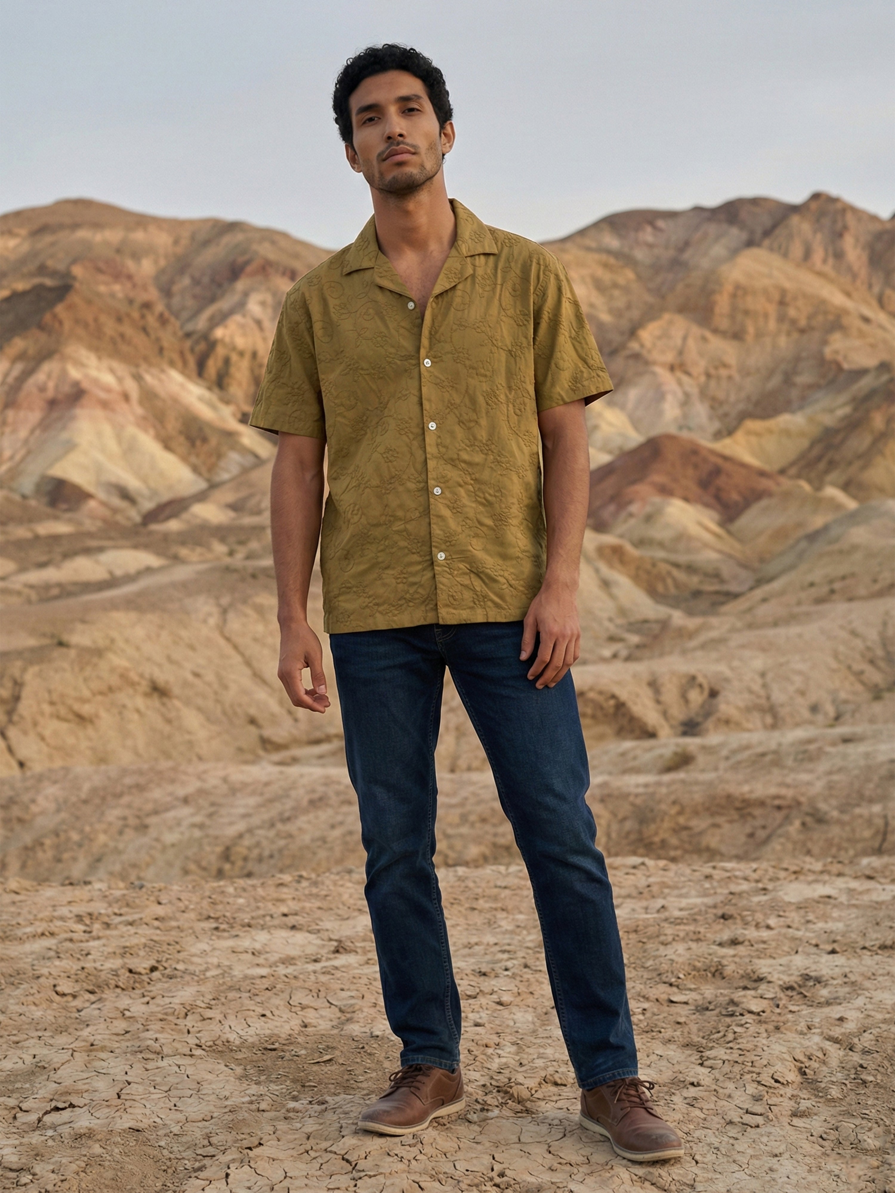 Chocolate Organic Cotton Cuban Collar Half Sleeves Shirt For Male