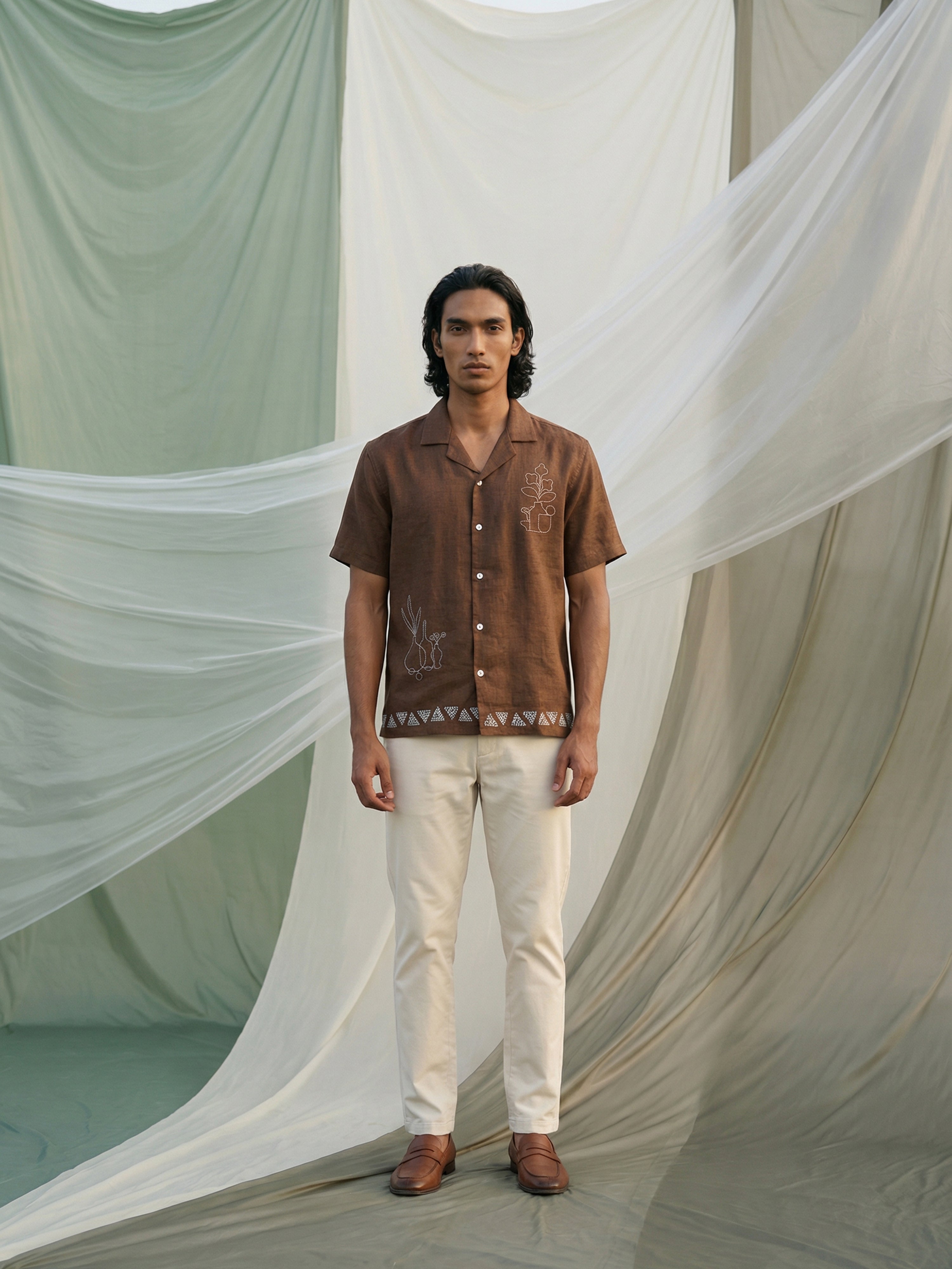 Brown  Double Tree Linen Cuban Collar Half Sleeves Shirt For Male