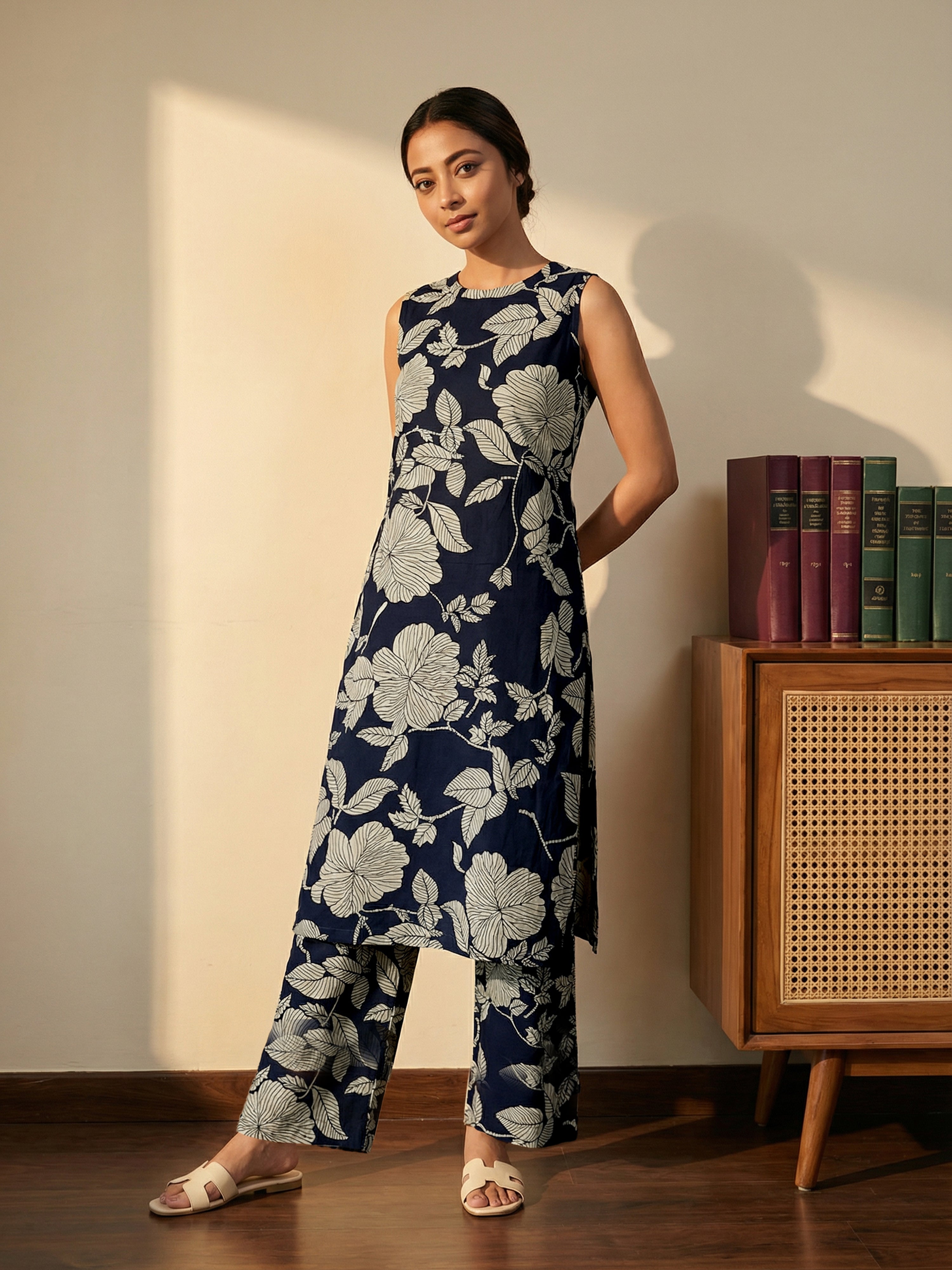 Navy Blue Cotton Halter Neck Sleeveless Kurti Set For Female